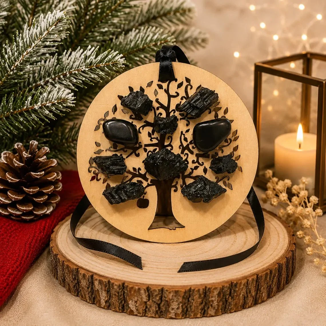 World-Class Tourmaline Crystal Wood Tree of Life Christmas Ornament Detailed