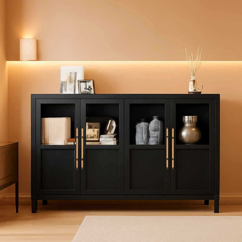 Luxury Glass Door Sideboard Cabinet 55Inch Contemporary Walnut Consistent