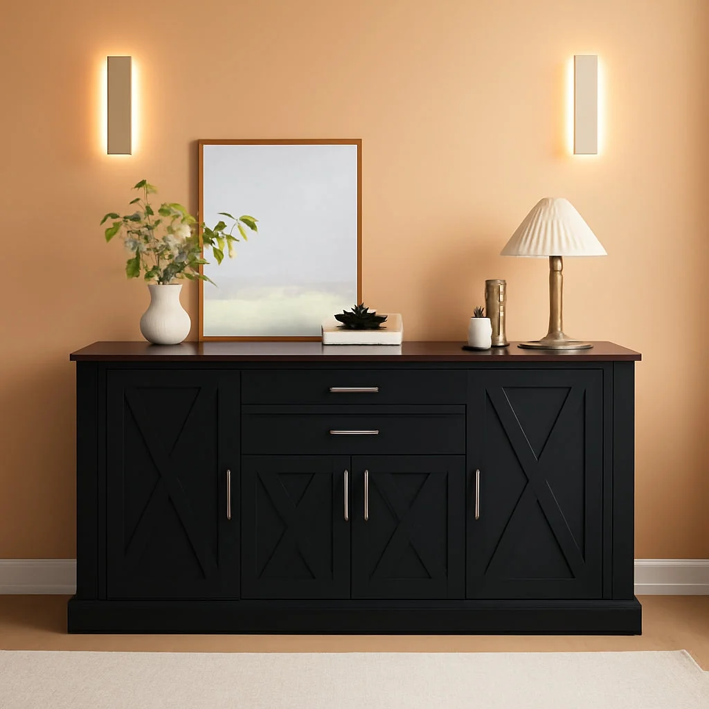 Solid 63Inch Charcoal Farmhouse Barn Door Sideboard Cabinet Soft