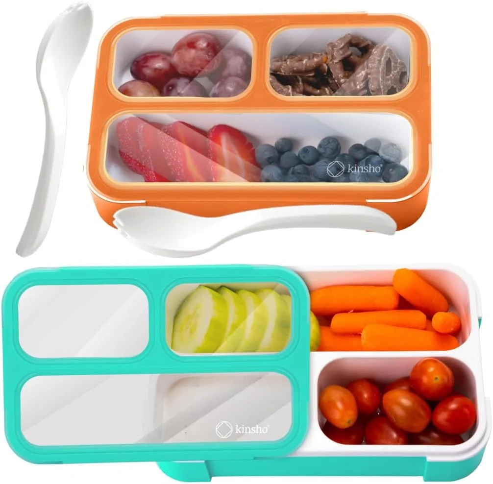 Easy-to-Use kinsho Snack Container Boxes for Kids Toddlers 2 Pack Teal Blue amp Orange 3 Compartments Leak-Proof Spill Proof BPA- Reusable Small Mini Bento Lunch Box for Daycare School Travel Holds 2 Cups Prestigious
