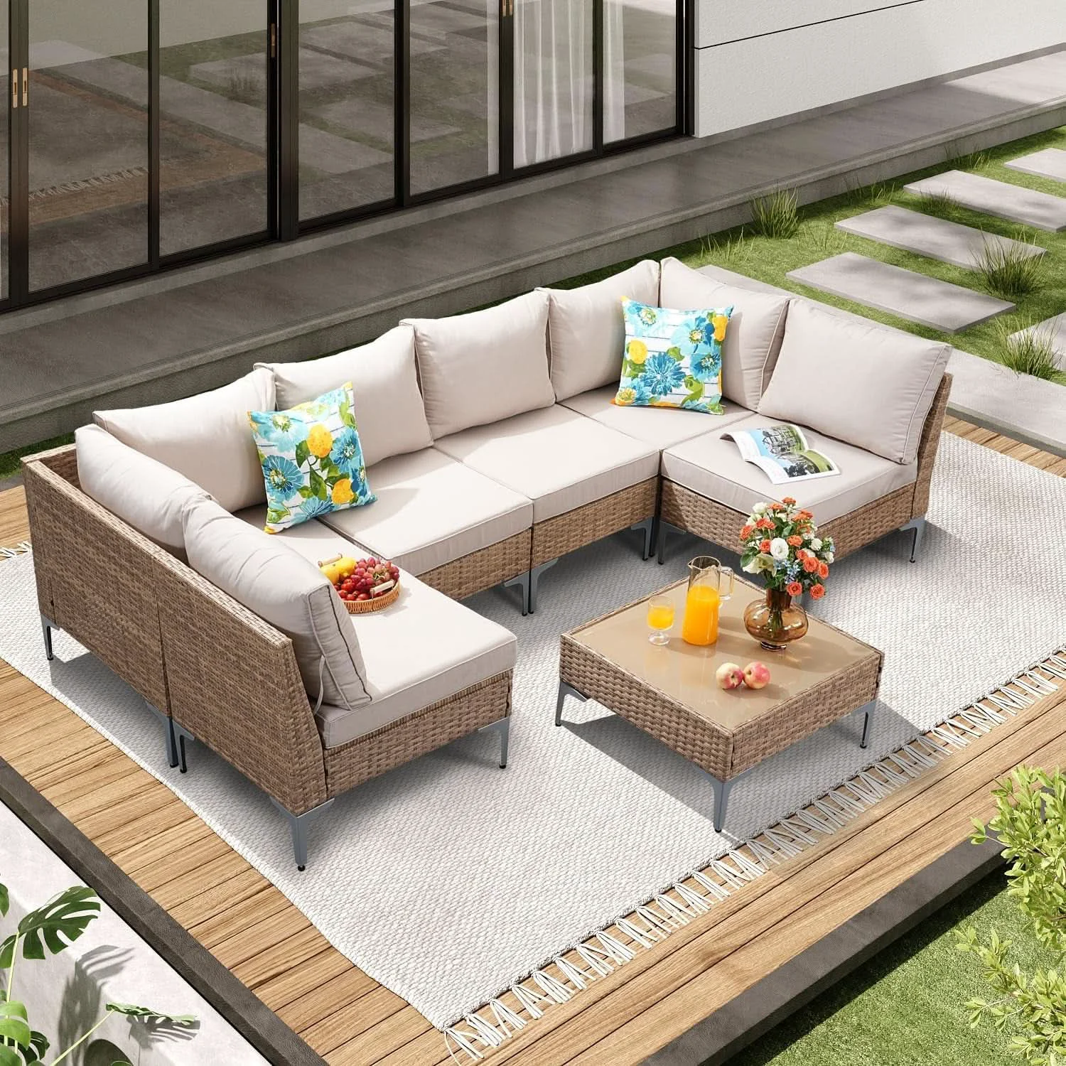 Trendy Seven Piece Wicker Patio Furniture Set with Cushions Natural