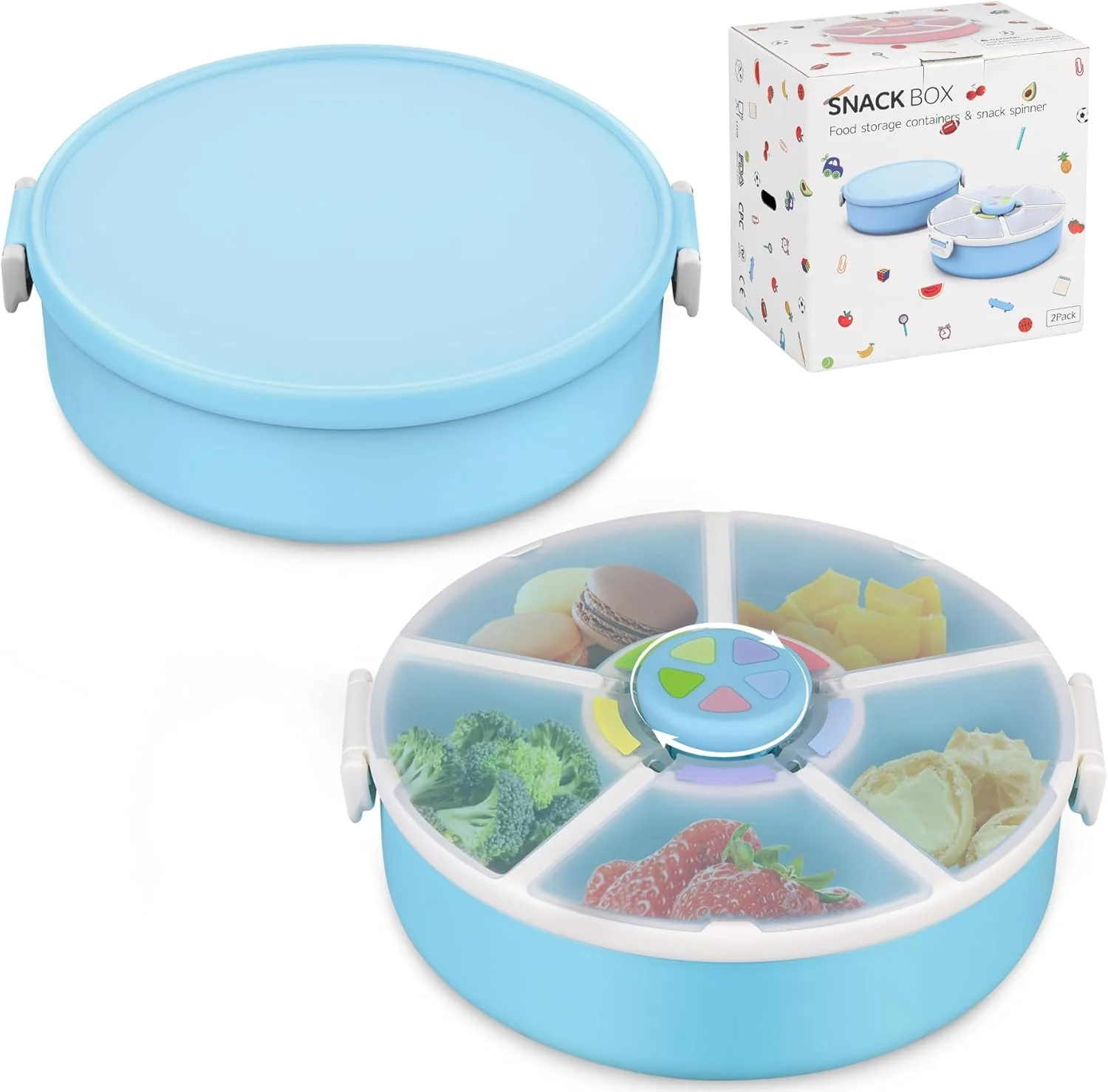 Long-Lasting Kids' Rotating Snack Container Set – 2-Pack Includes 1 Rotating Snack Container 1 Round Sectioned Snack Box BPA- Dishwasher Safe Refined