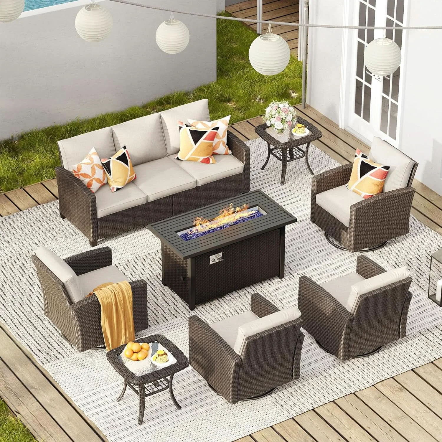 Long-Lasting Eight Piece Outdoor Patio Furniture Set with Firepit Professional