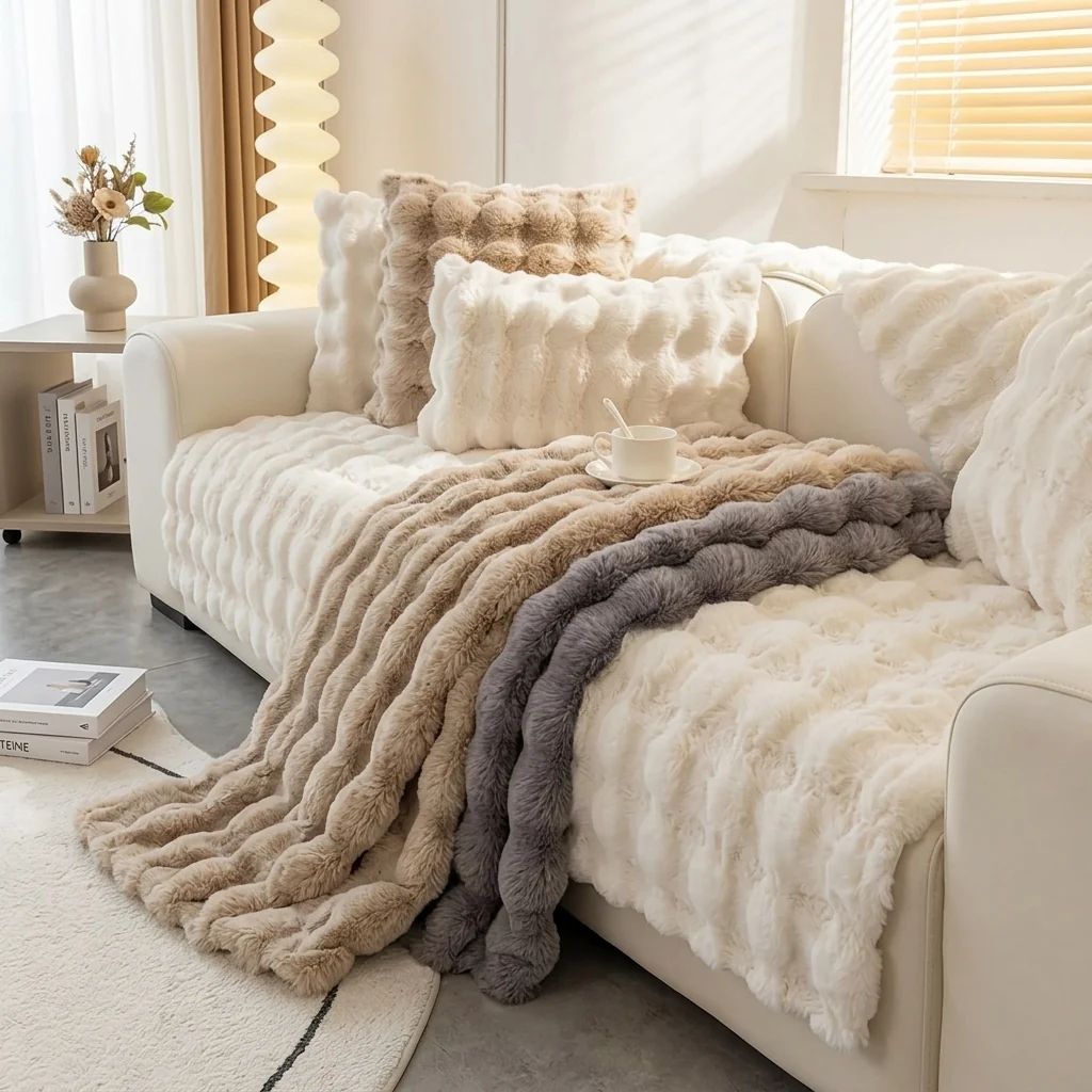 Fine Rabbit-Feel Plush Sofa Cover Non-Slip Water-Resistant Soft