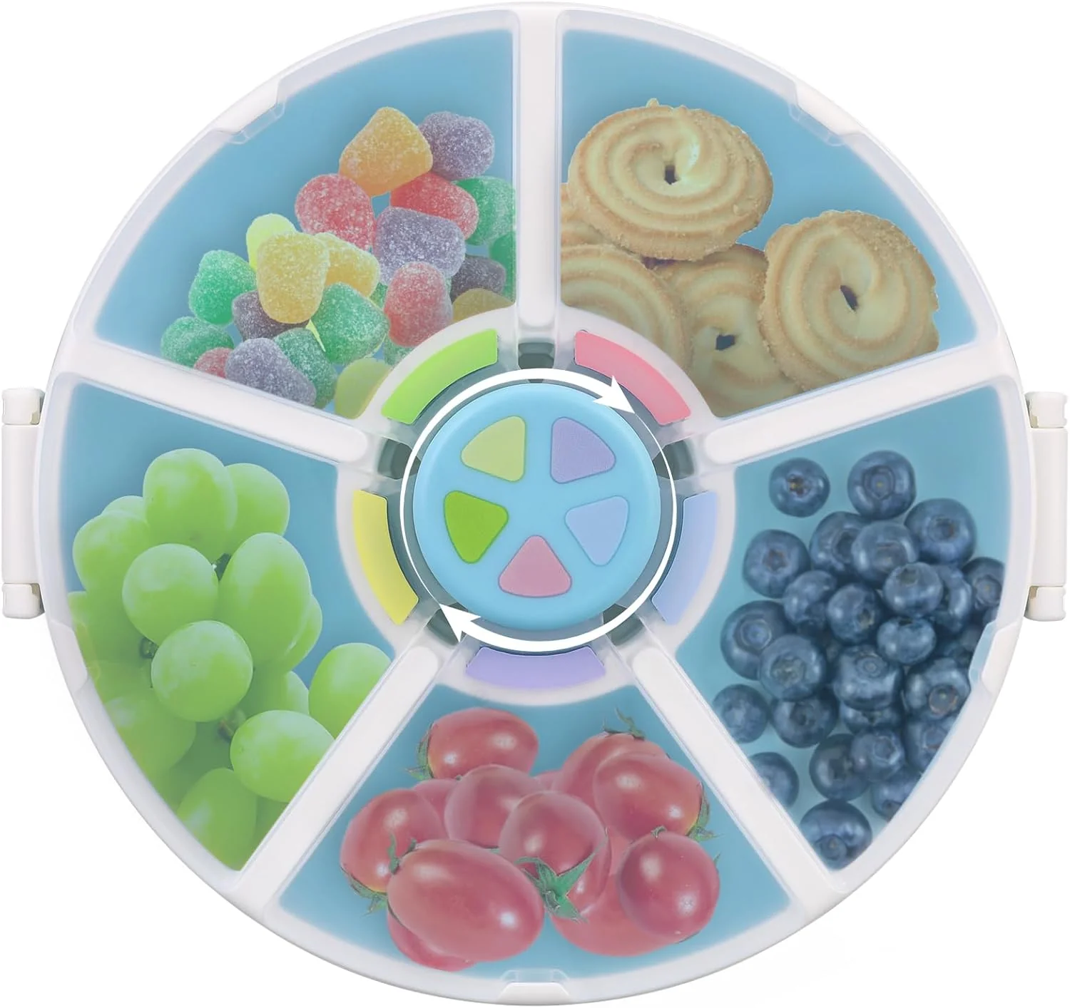 Certified Kids Reusable Rotating Snack Container with 5 Separate Compartments Color Matching Opening Lid BPA PVC- Dishwasher Safe for Travel Original