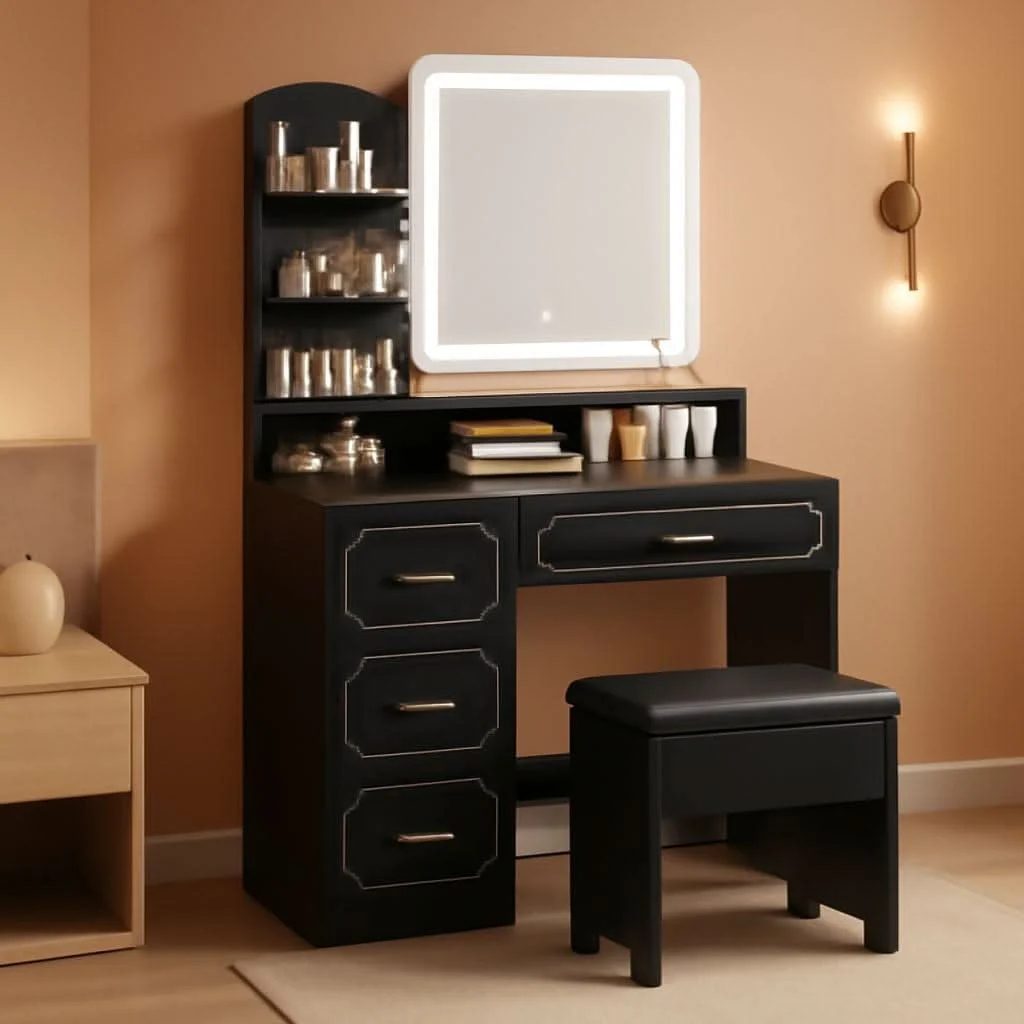Advanced Black Vanity Table With Illuminated Mirror Outlets Casual