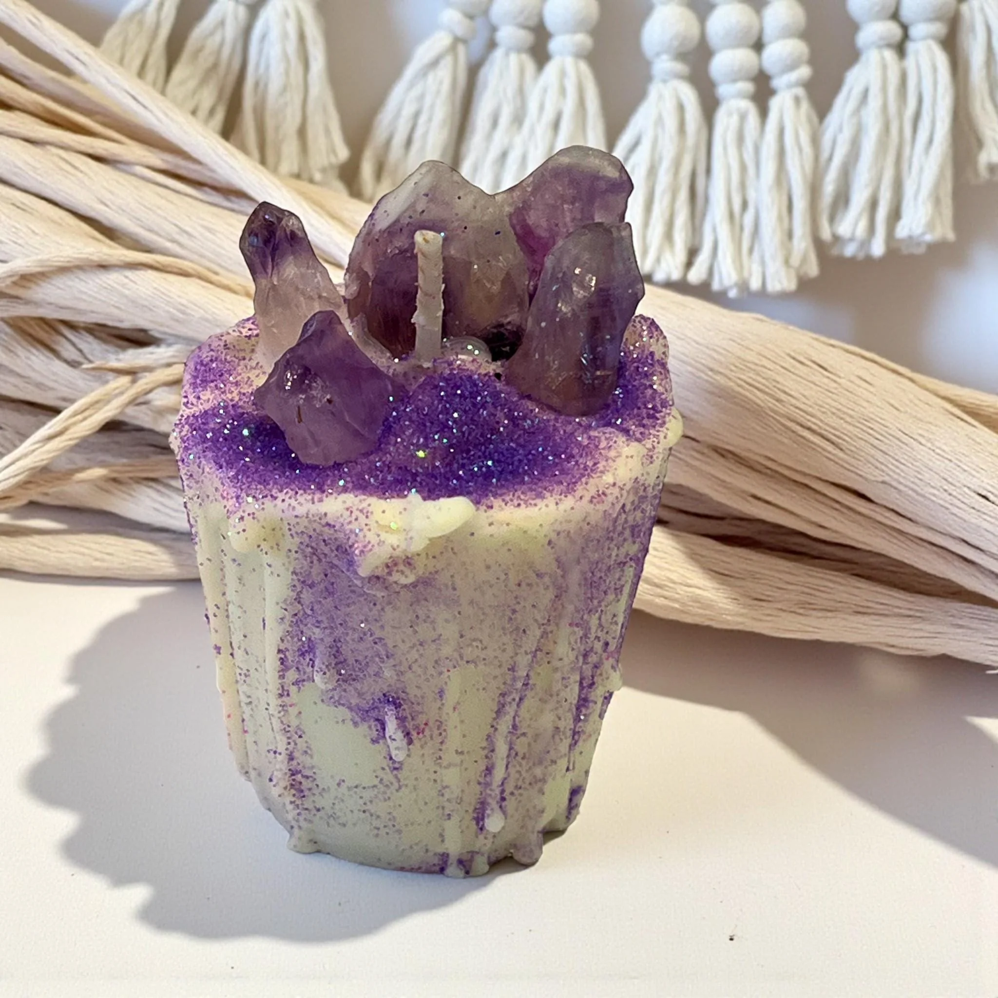 Reliable Intentional Soy Votive Drip Candle Amethyst Crystal with Purple Glitter Efficient