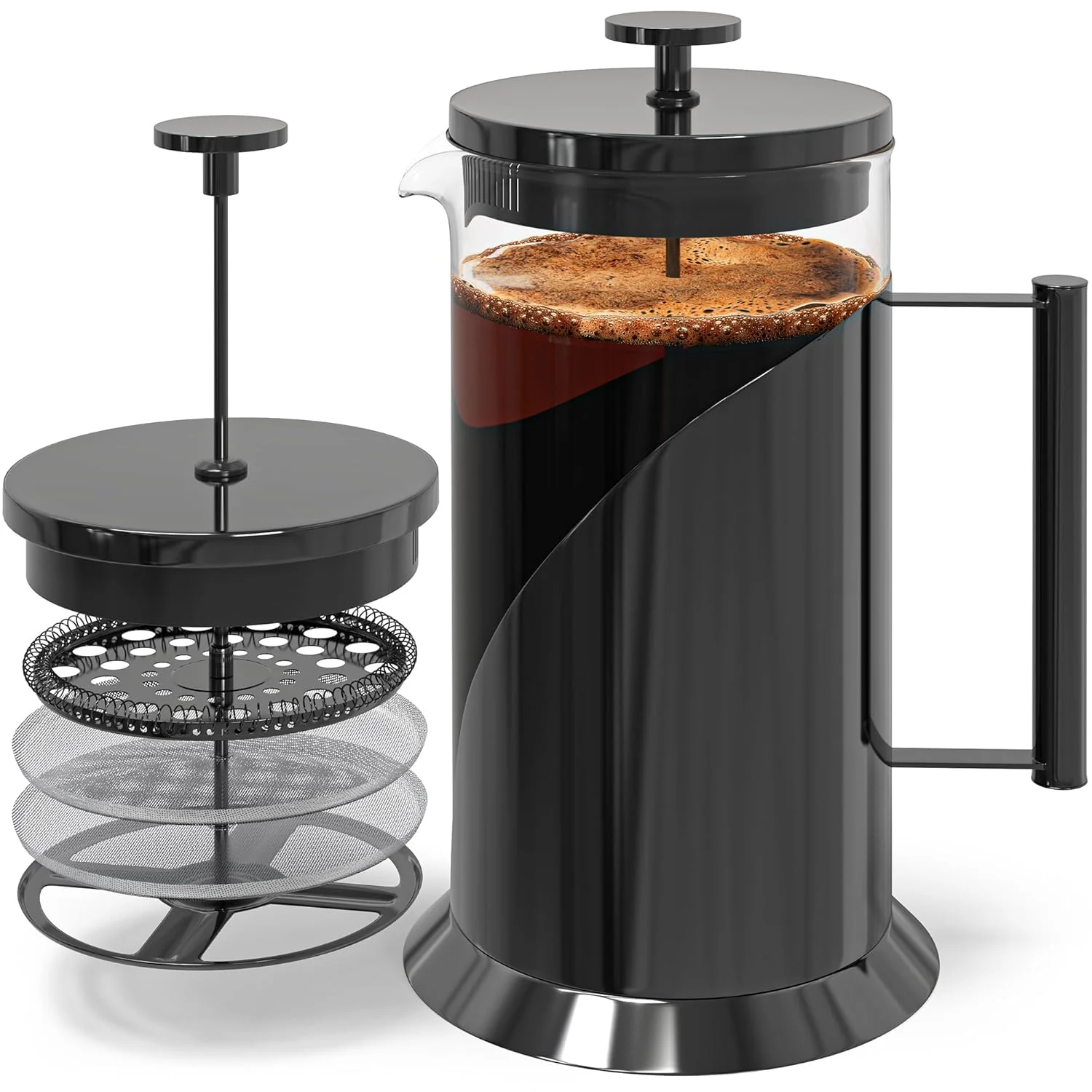 High-Performance Cafe Du Chateau Stainless Steel French Press Coffee Maker - 34oz Insulated Coffee Press with 4-Level Filtration BPA Durable Glass Original Design