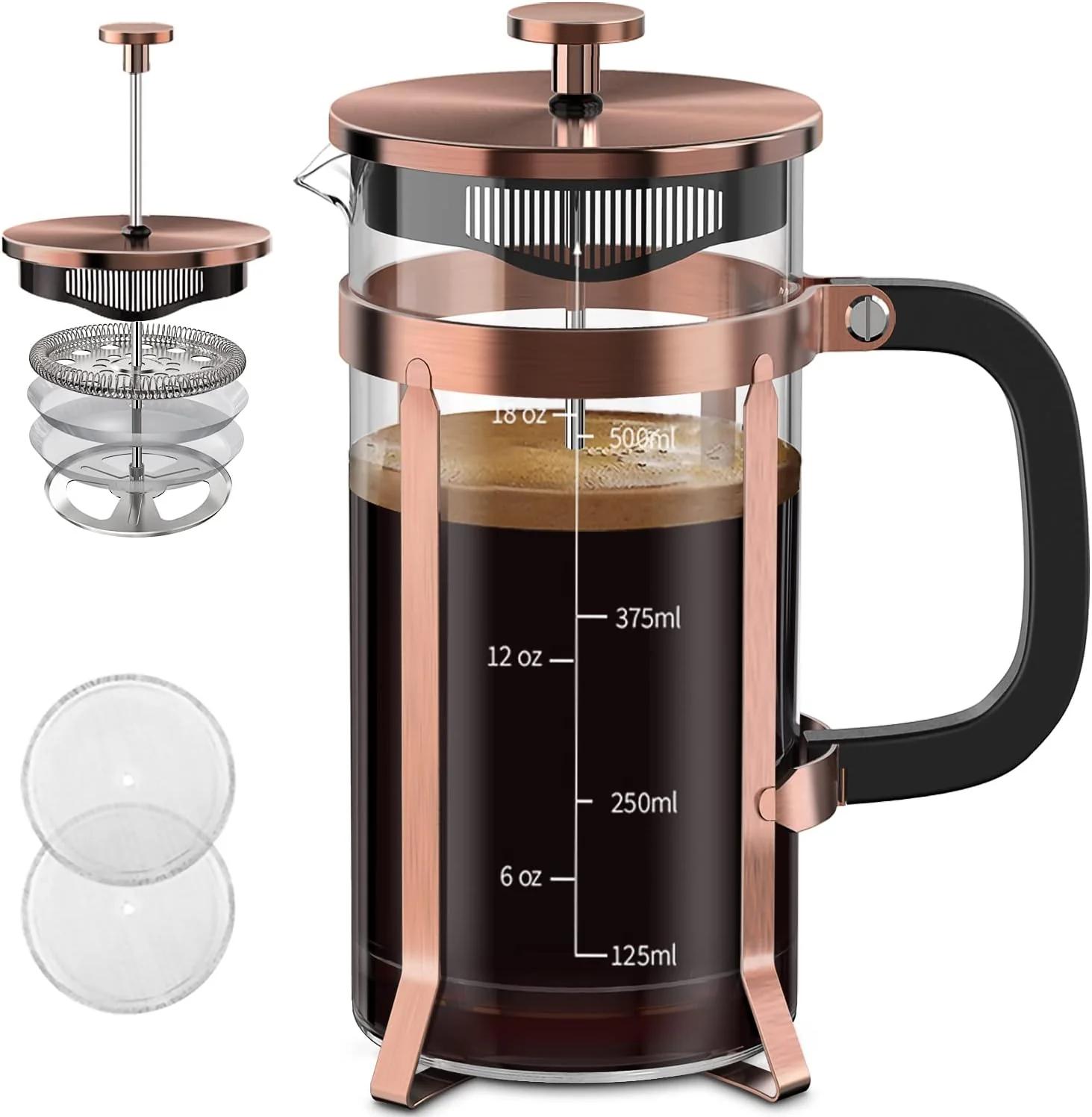 Elegant QUQIYSO French Press Coffee Maker Borosilicate Glass Coffee Press Thickened Glass Stainless Steel Coffee French Press Easy to Clean 4 Filter Suitable for Kitche Camping Gifts 21oz Copper Secure