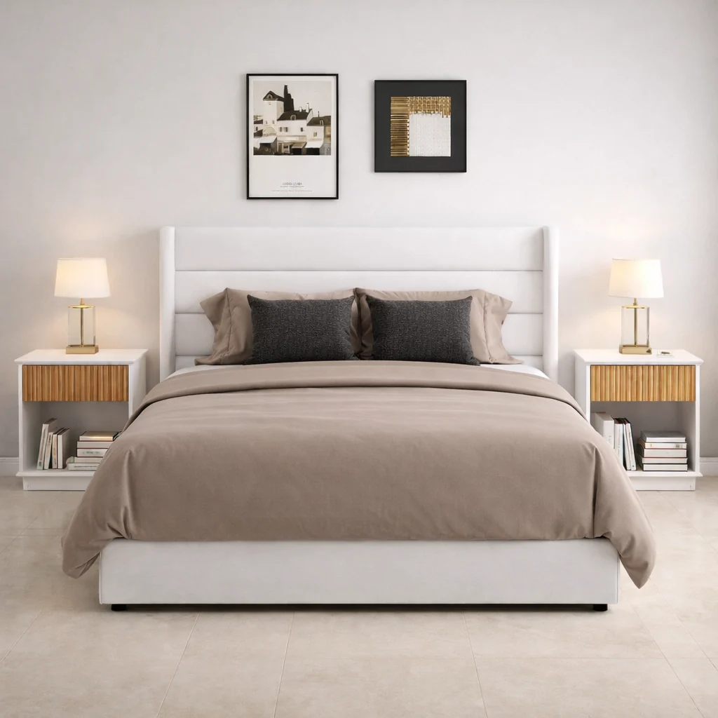 Outstanding Queen Velvet Hydraulic Storage Bed with 2 Fluted Nightstands Classic