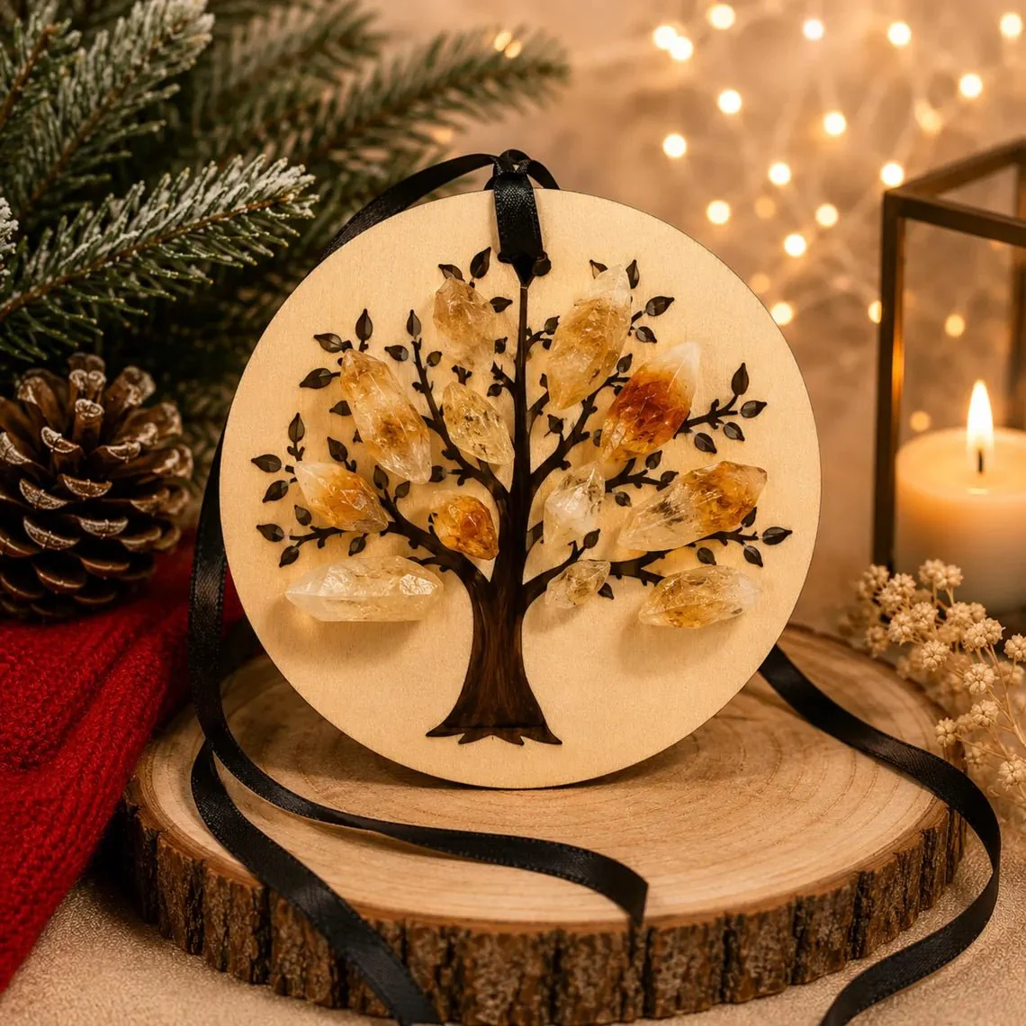 Durable Citrine Crystal Tree of Life Christmas Ornament Cottagecore Holiday Enhanced