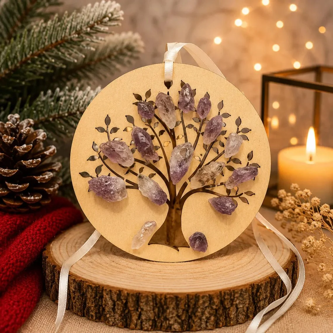 Sophisticated Amethyst Crystal Wooden Tree of Life Christmas Ornament Premium