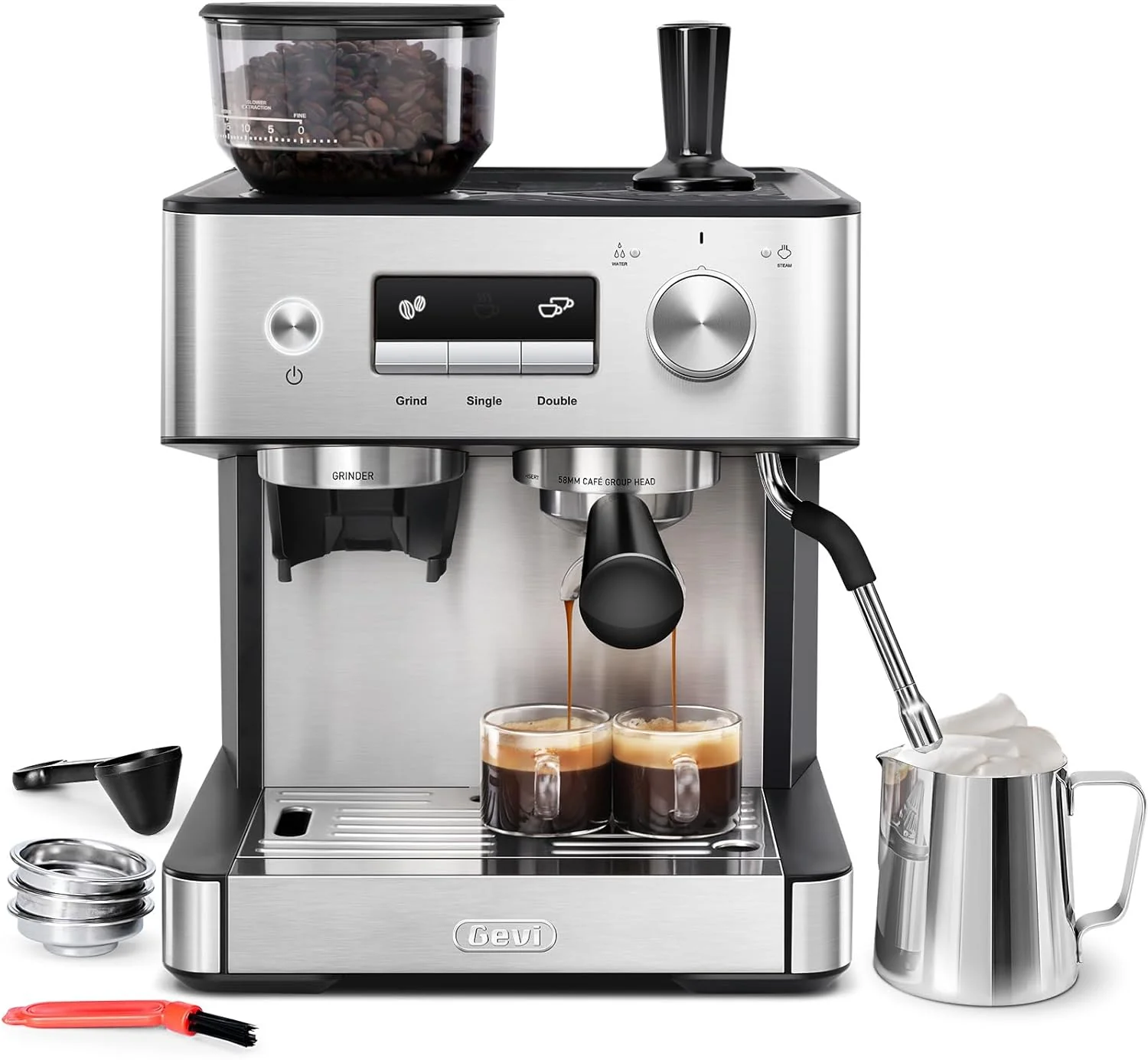 Original Design Gevi Espresso Machine with Grinder Milk Frother 20 Bar Professional Coffee Maker for Home Removable Water Tank Steam Wand for Espresso Excellent
