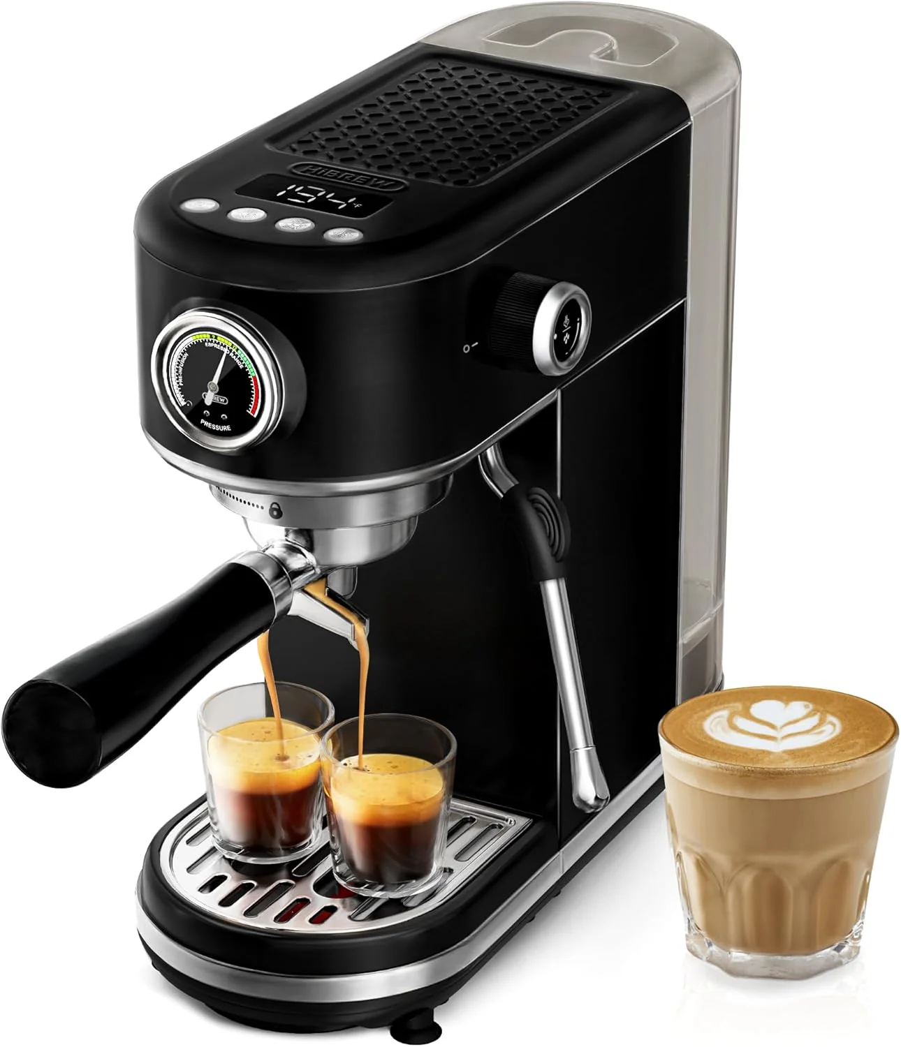 Powerful HIBREW H10B - 51mm Espresso Machine - Temperature Cup Volume Adjustable at will - With Intelligent Display Screen Pressure Gauge - Stainless Steel Body Black Smooth