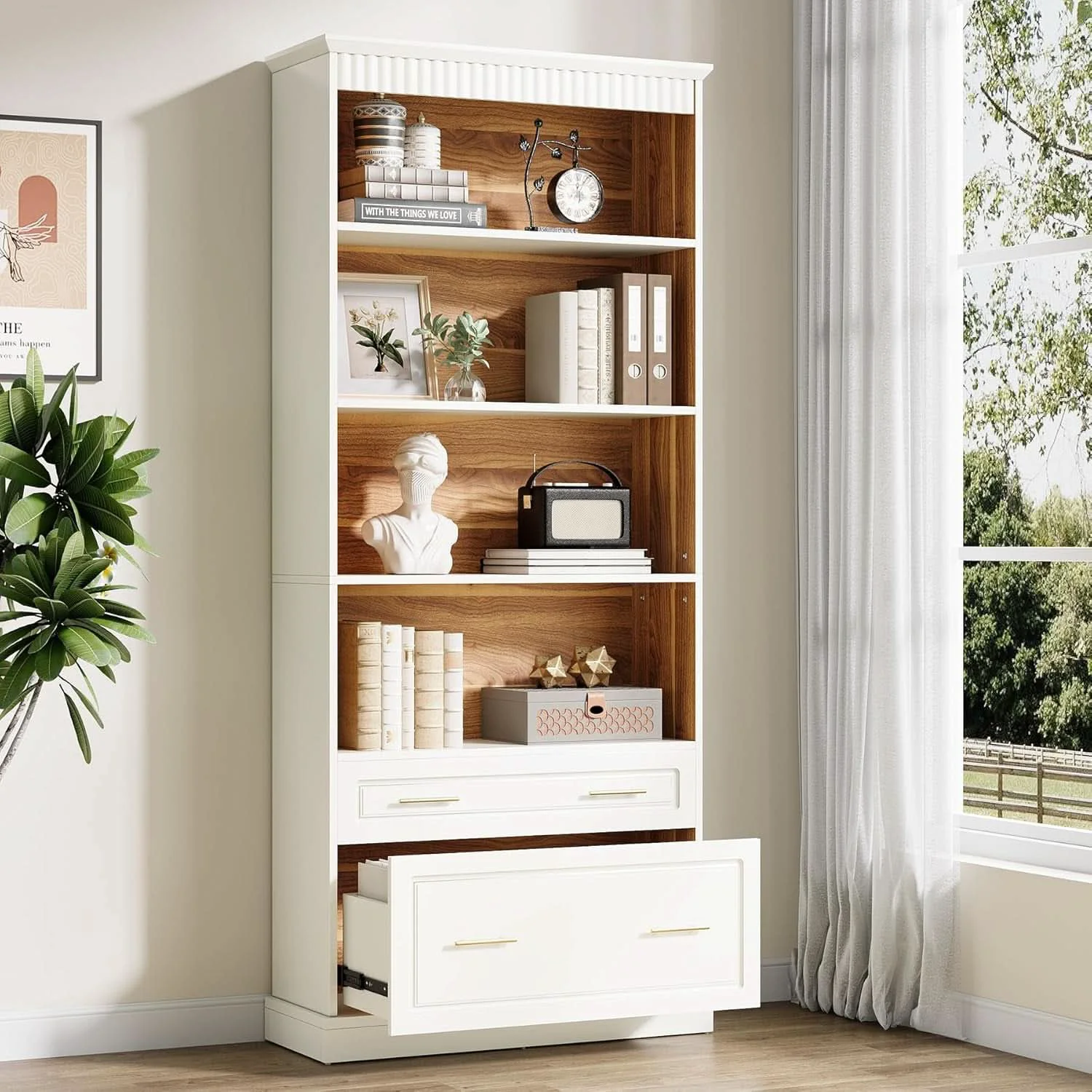 Powerful White standing 72 Inch Bookcase With File Cabinet Breathable