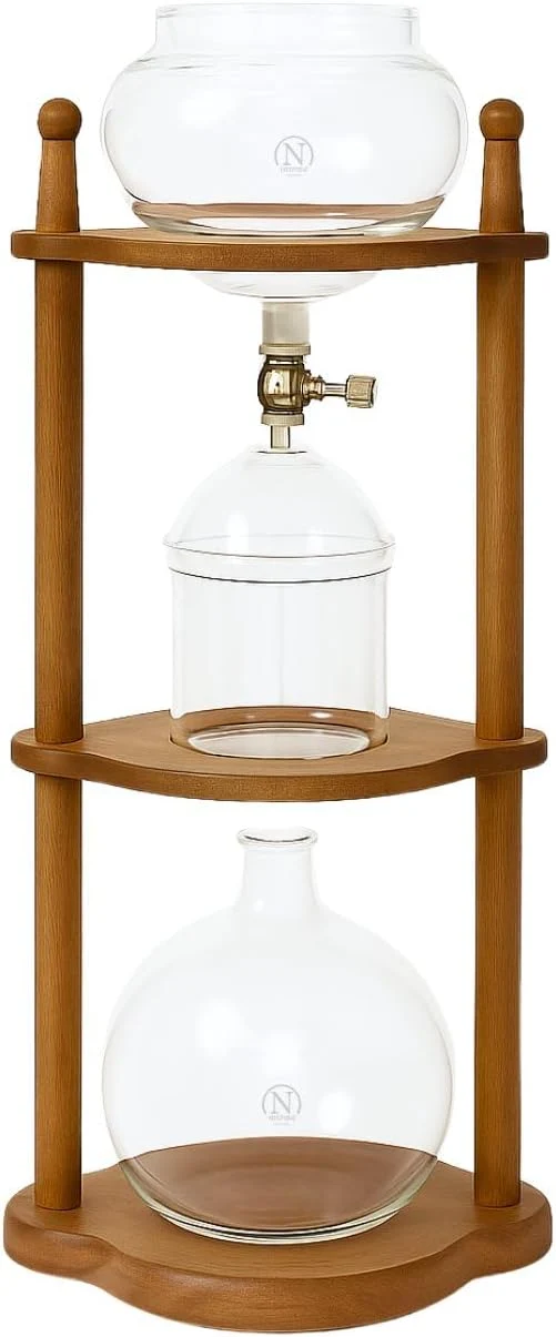 Powerful Nispira Cold Brew coffee Maker Ice Coffee Drip Machine with Advanced Slow Drip Technology Borosilicate Glass with Wood Tower 6-8 Cup Brown Fast