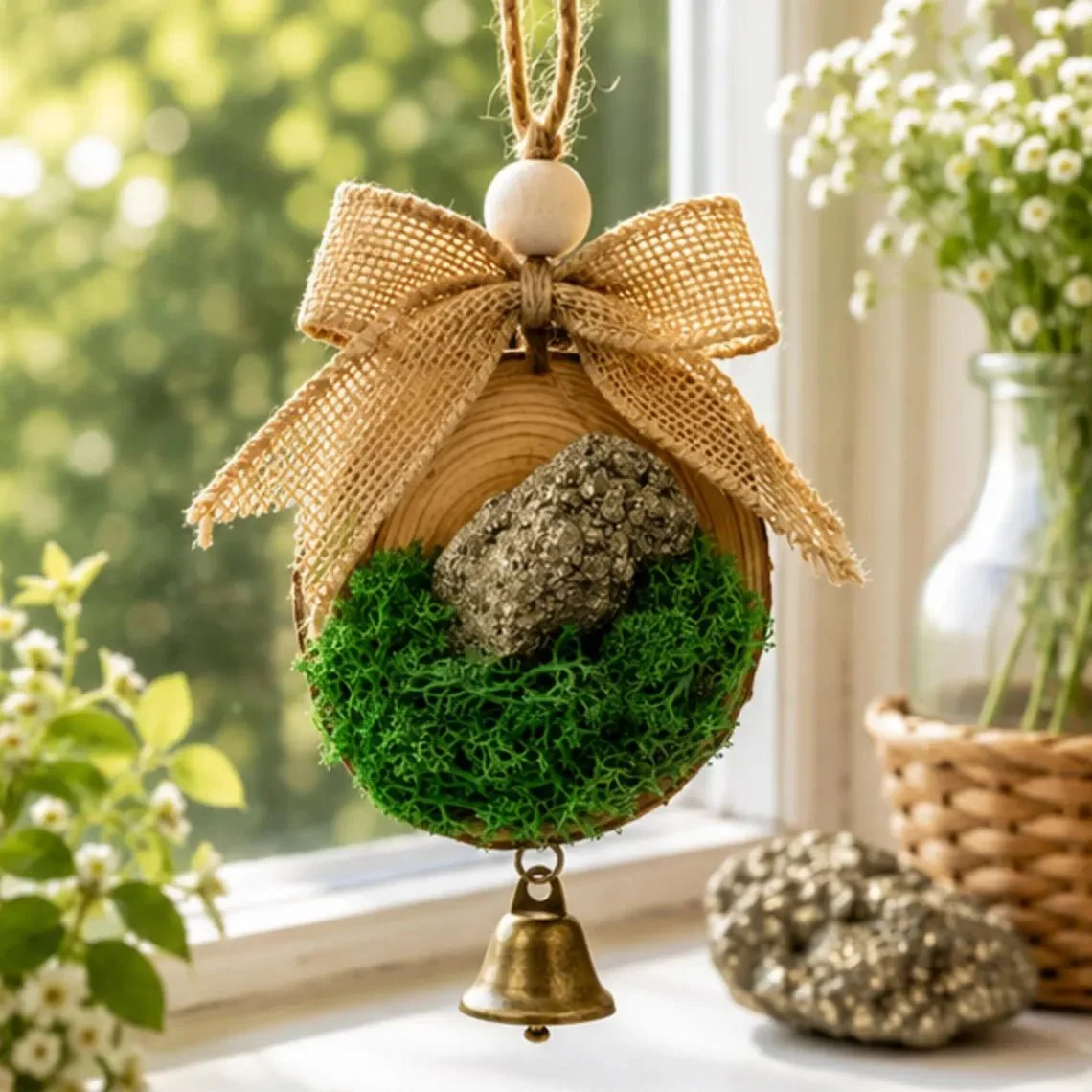 Pure Pyrite Crystal Christmas Ornament Fools Gold Wood Cottagecore Decor Easy-to-Use