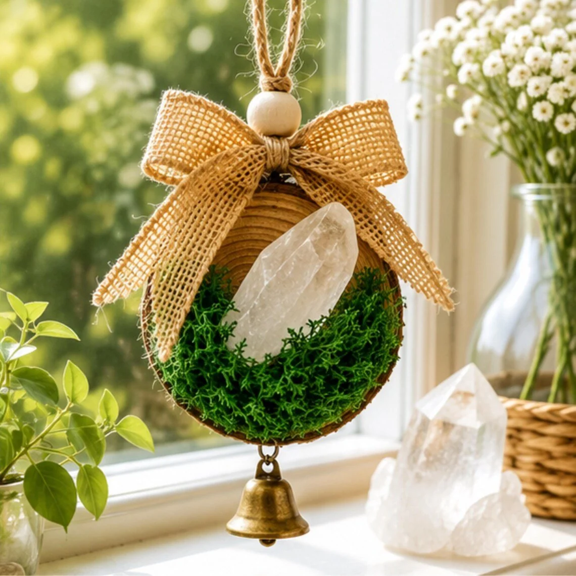 Original Design Clear Quartz Crystal Ornament Cottage Christmas Bell Hanging Decor Long-Lasting