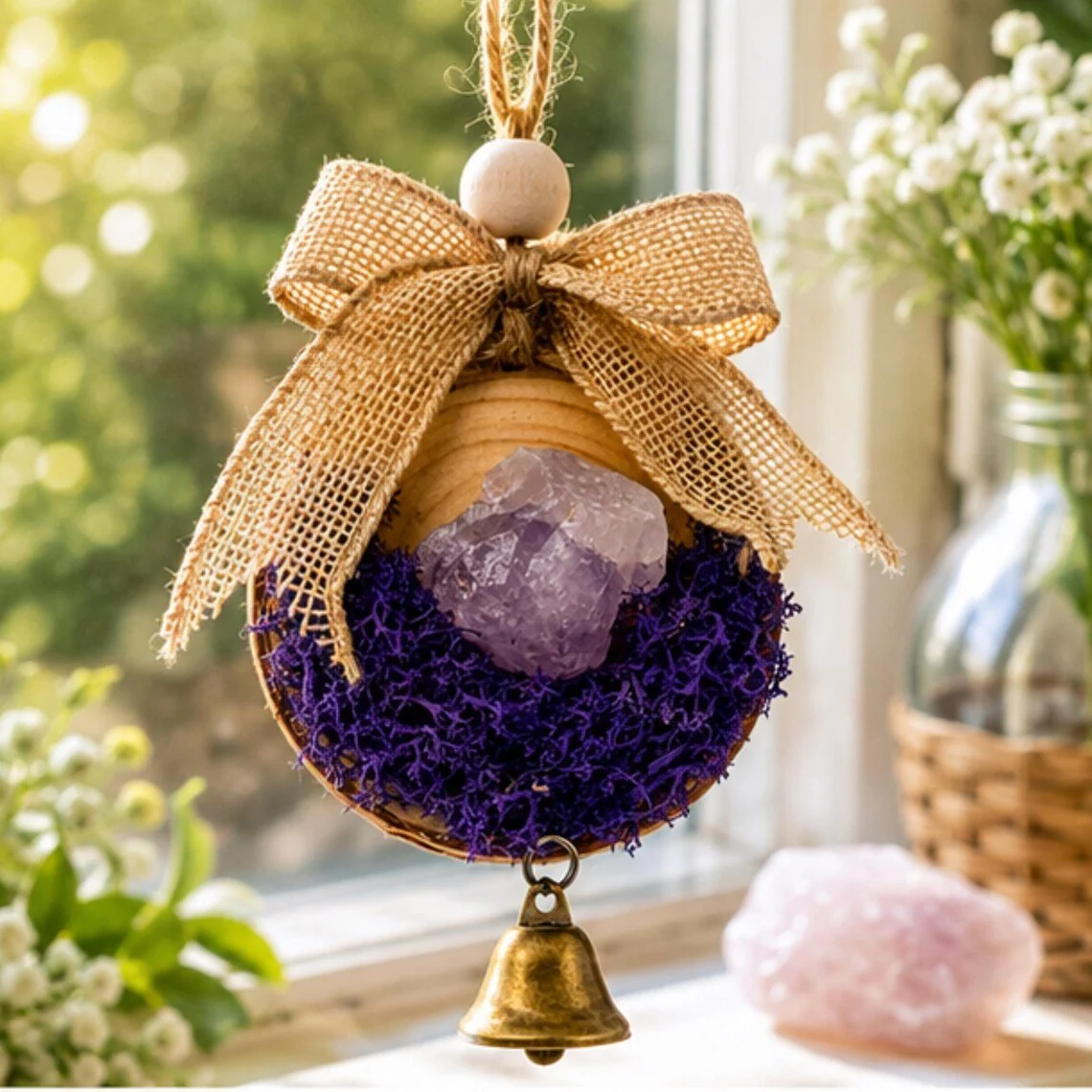 Versatile Amethyst Crystal Wood Ornament Christmas Tree Hanging Bell Decor Functional