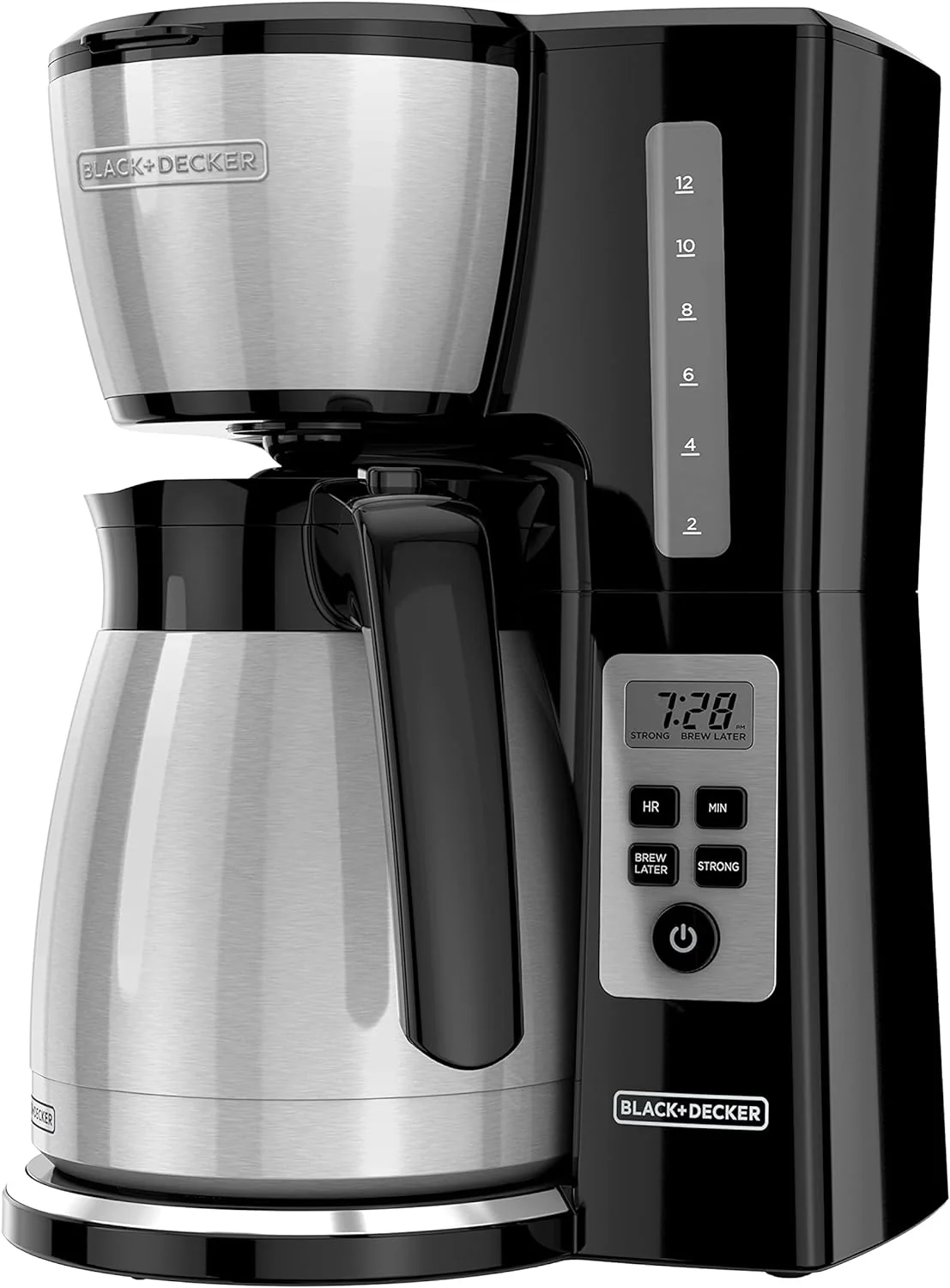Easy-to-Use BLACK DECKER 12 Cup Thermal Programmable Coffee Maker with Brew Strength and Vortex Technology Black Steel Refined