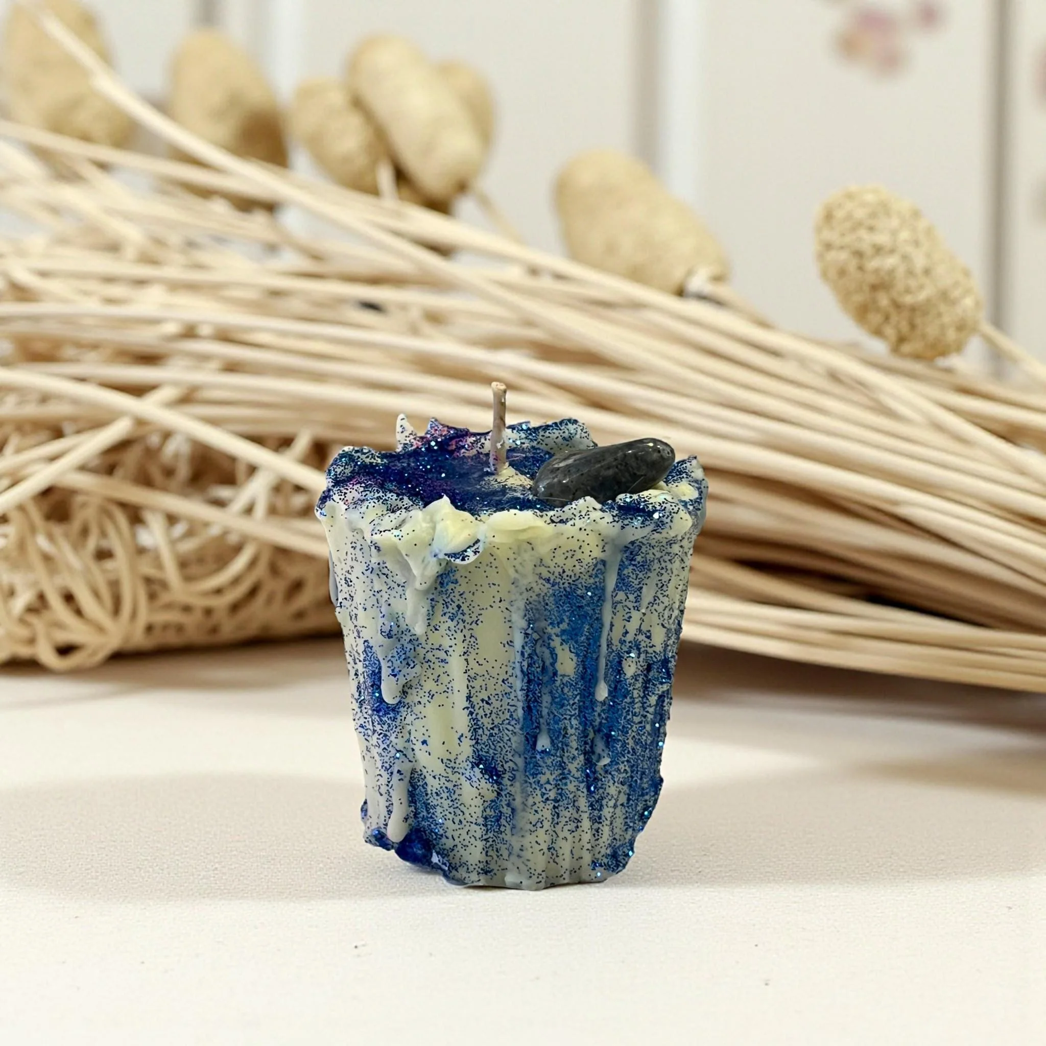 Sustainable Sodalite Crystal Soy Candle with Blue Glitter Clarity Focus Aromatherapy Trusted
