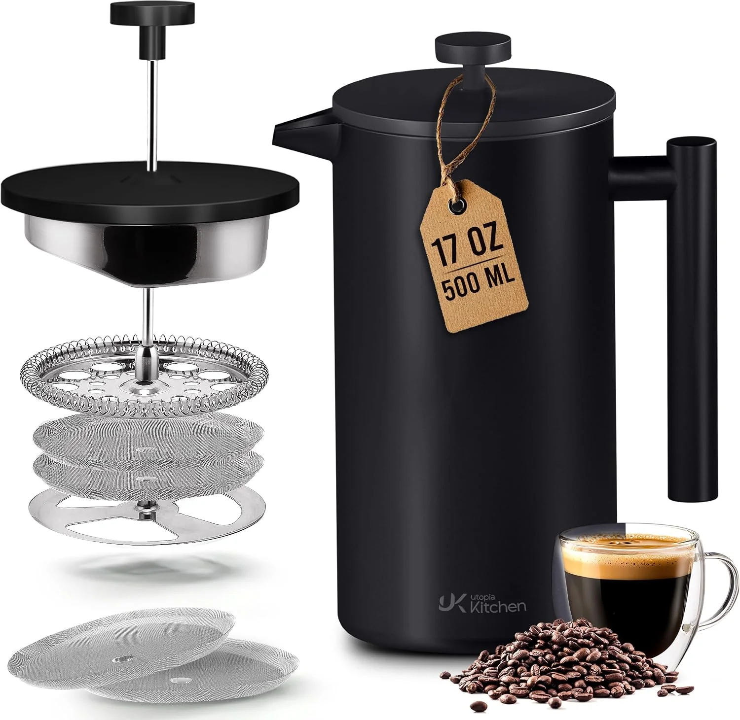 Smooth Utopia Kitchen 304 Grade Stainless Steel French Press 17 Oz Black Double Wall Insulated Coffee Press with 4-Level Filtration System Include 2 Extra Filters Rust- Dishwasher Safe Original