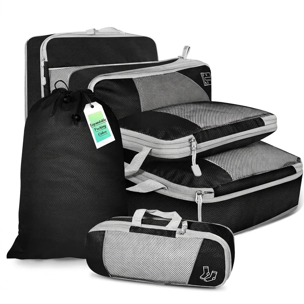 Environmentally Friendly 6-Piece Compressed Packing Cubes with Shoe Bag Long-Lasting
