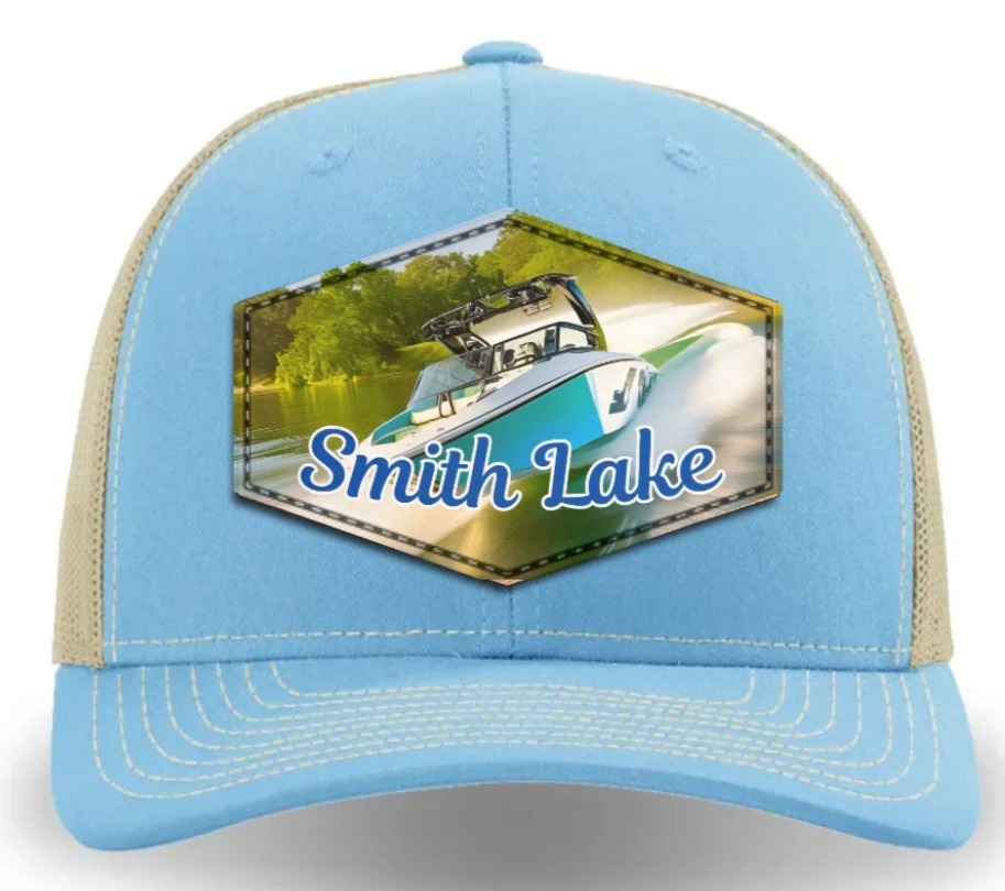 Elite Smith Lake Wake Boat Logo Dyed Leather Patch Trucker Hat Columbia Blue Khaki Genuine