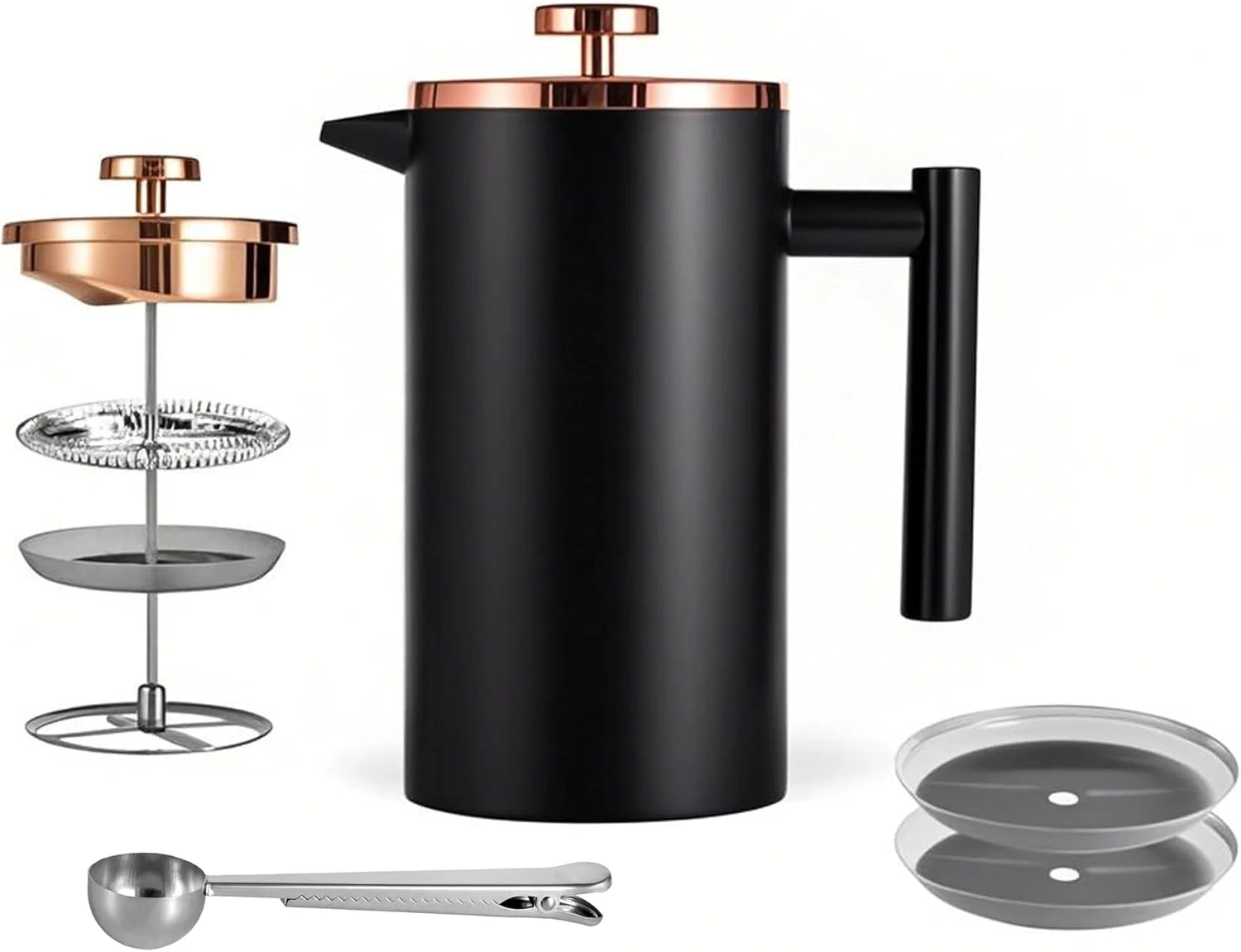 Outstanding Small French Press Coffee Maker 350ml 12oz Black Stainless Steel Double-Wall Insulated Included 2 Extra Filters and 1 Coffee Spoon 1 Cup Practical
