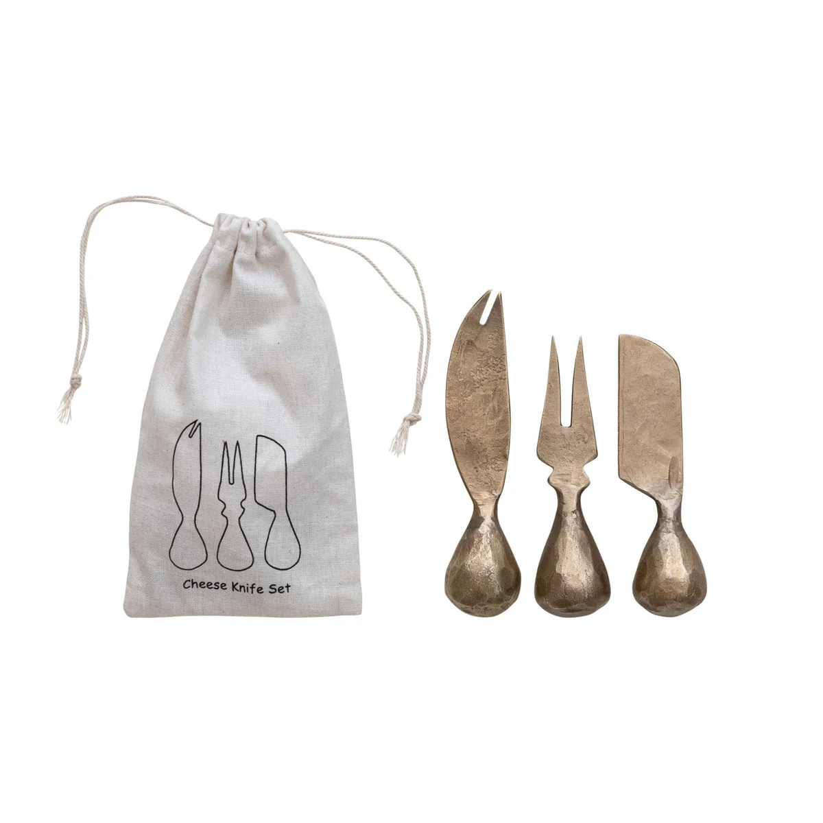 World-Class Hand-Forged Iron Cheese Knives w Hammered Handles Set of 3 in Printed Drawstring Bag Artisan