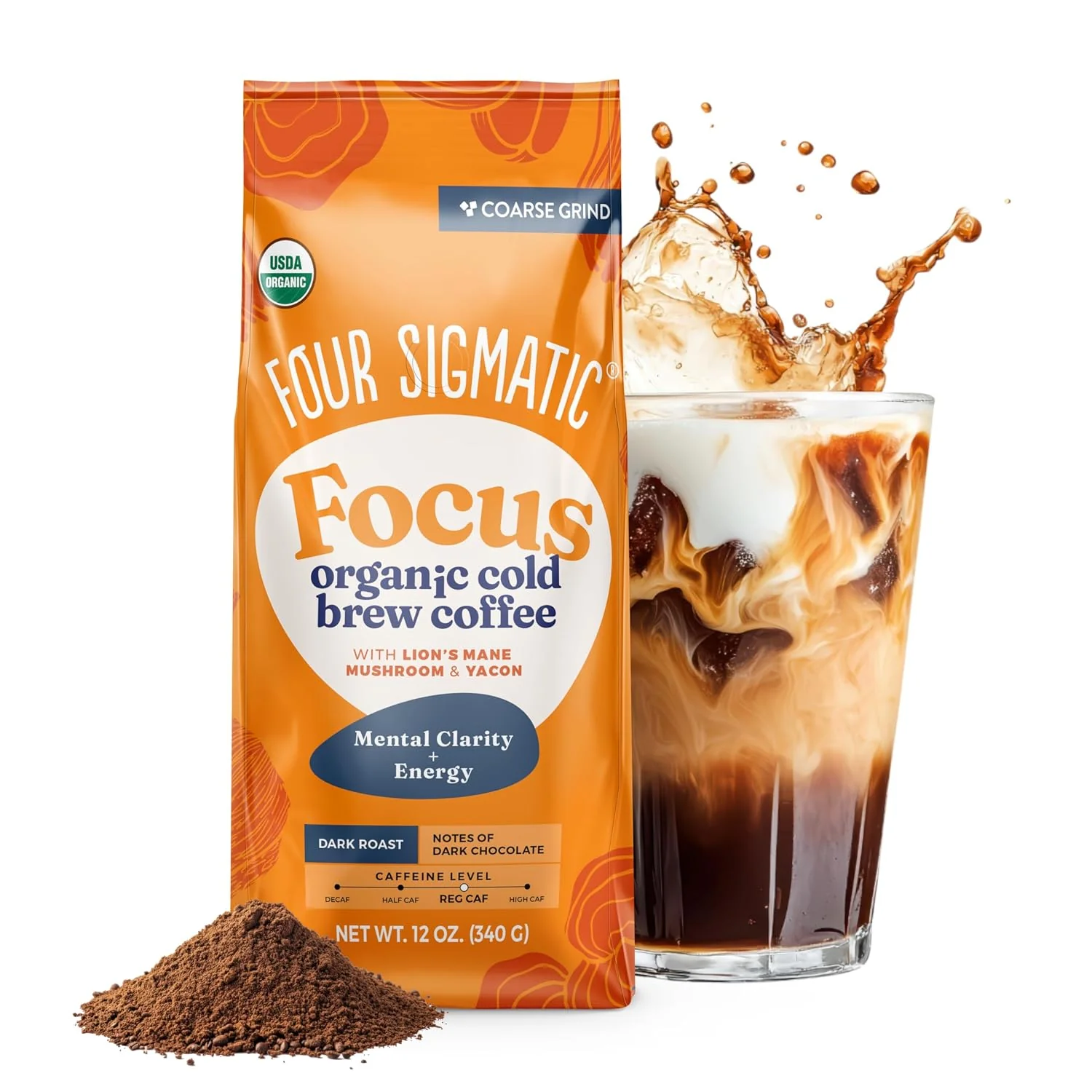 Authentic Four Sigmatic Organic Cold Brew Coffee Grounds Dark Roast Coarse Grounds with Lion’s Mane and Chaga Cold Brew Mushroom Coffee for Crash- Focus 12 oz Bag Recyclable