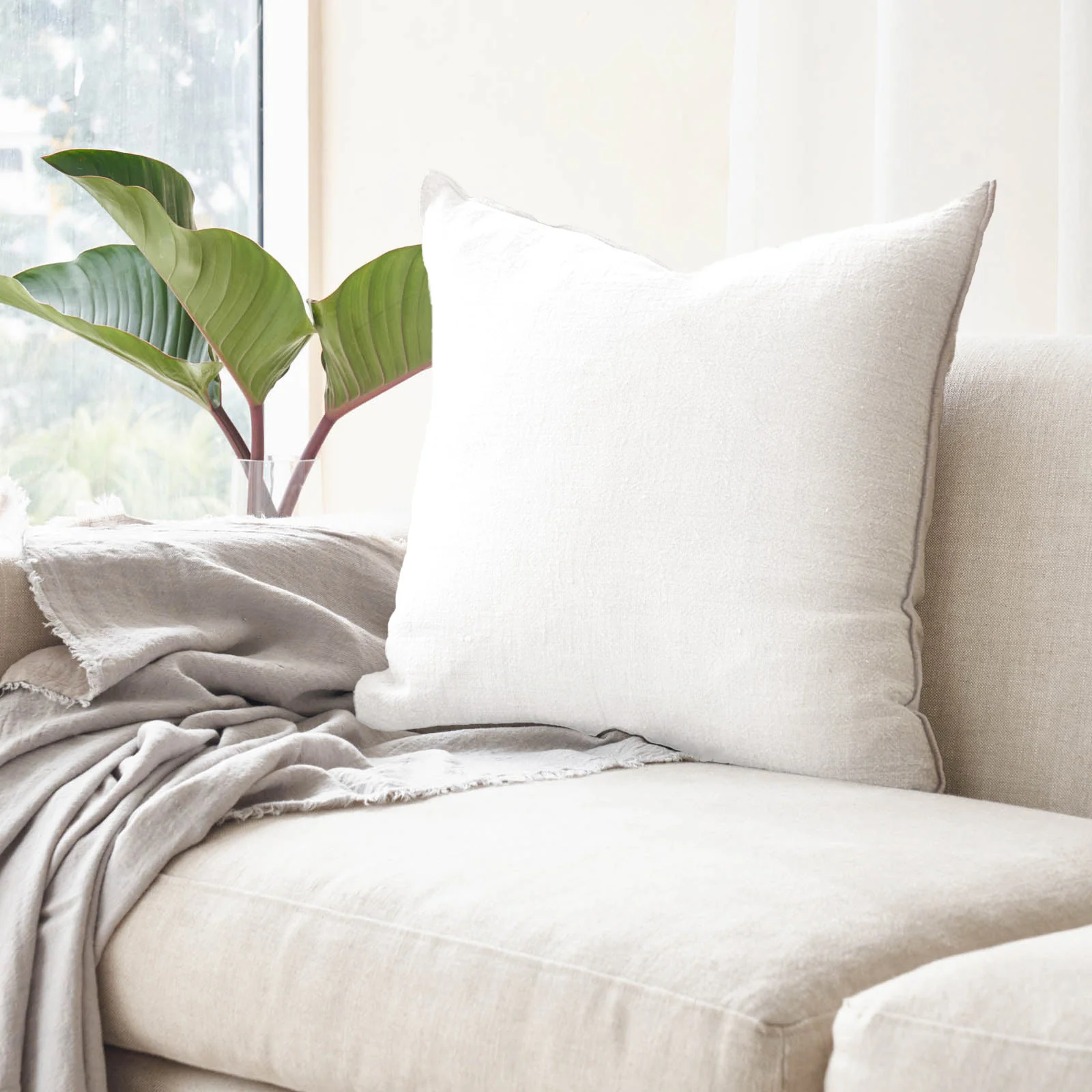 Expertly Made Crumpled Washed Linen Cushion Blanc 65 x 65cm Smooth