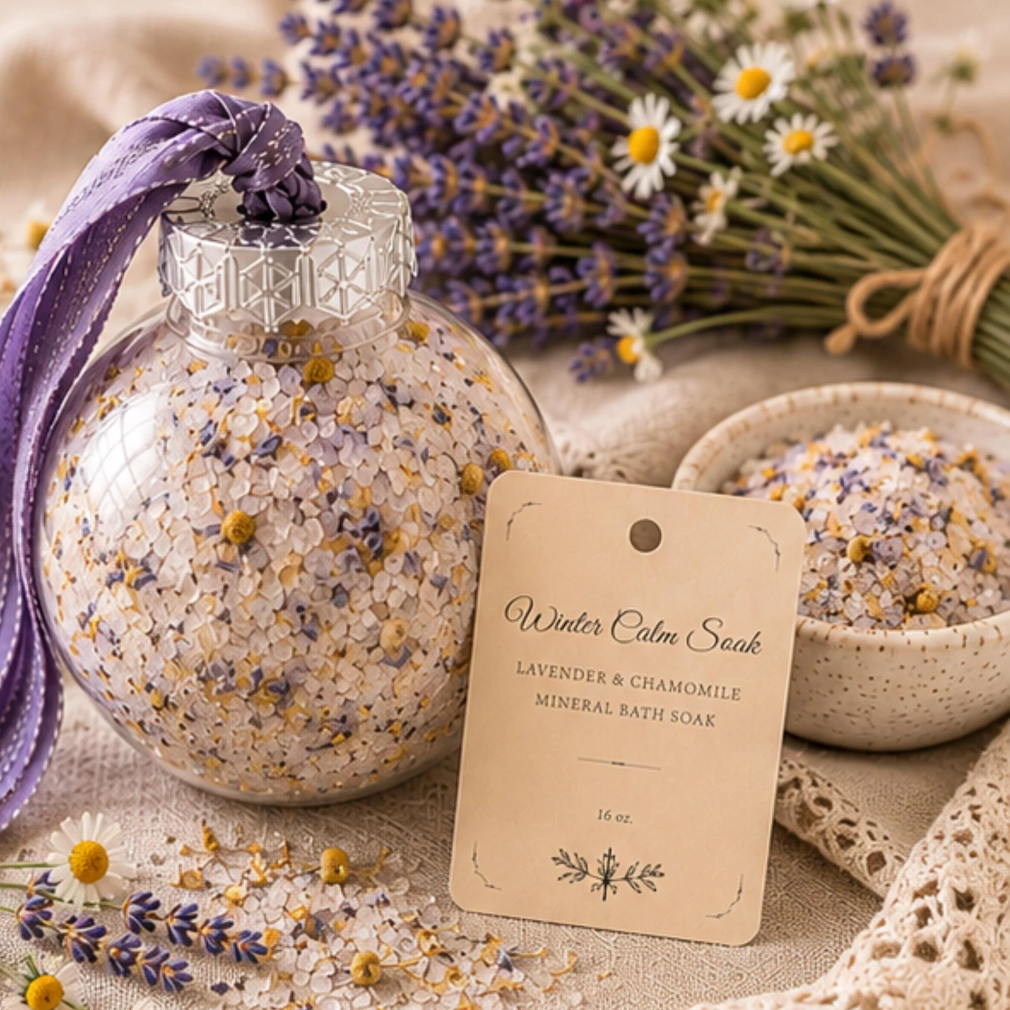 Functional Lavender Snow Globe Bath Salt Soak Ornament Botanical Mineral Salts Relaxation Gift Easy-to-Use