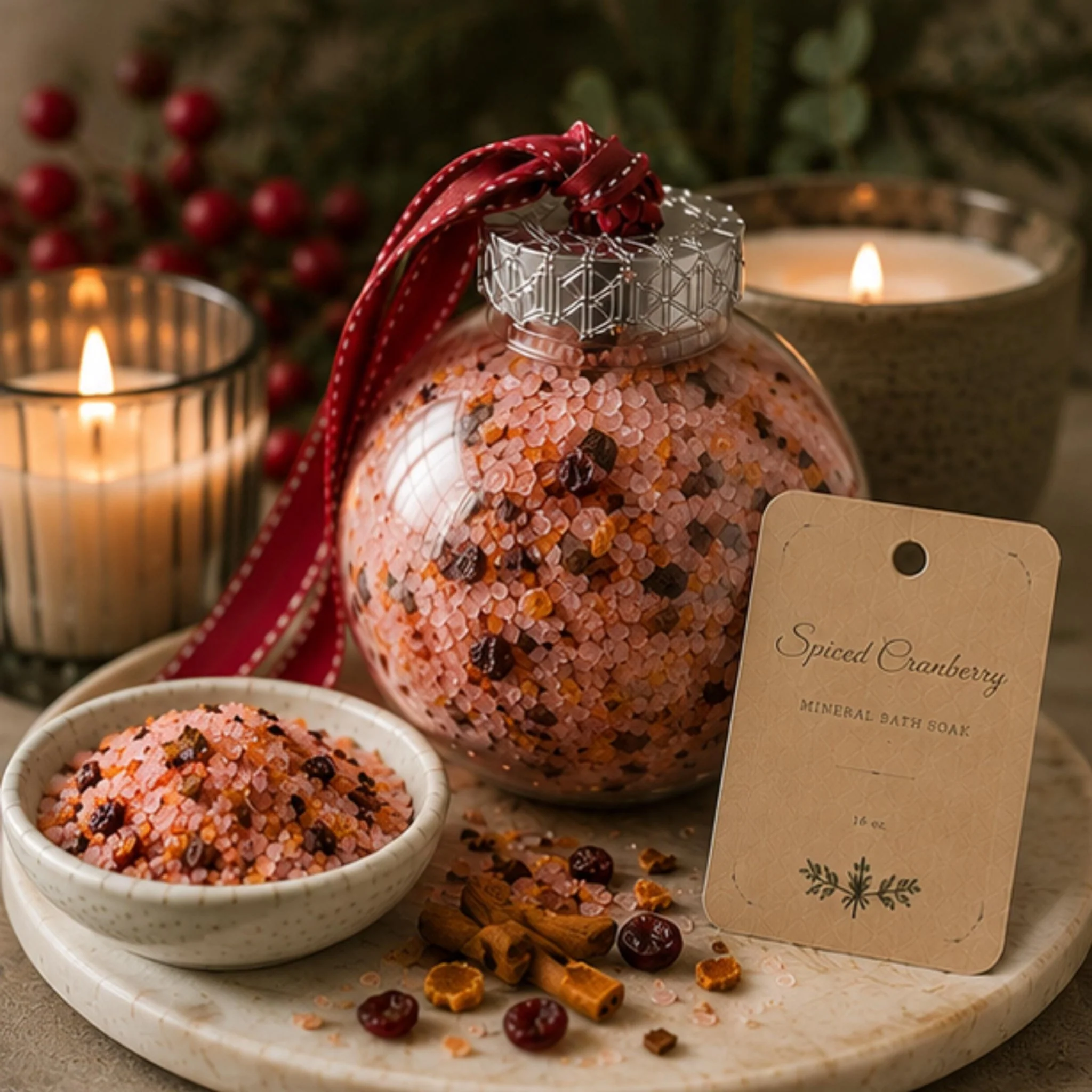 Prestigious Spiced Cranberry Snow Globe Bath Salt Soak Ornament Botanical Mineral Salts Christmas Spa Gift Excellent