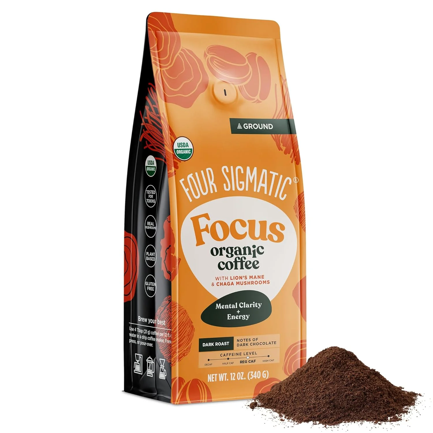 Trendy Four Sigmatic Focus Mushroom Coffee Organic Ground Coffee with Lion's Mane Mushroom and Chaga for Better Focus and Immune Support 12oz Bag Secure