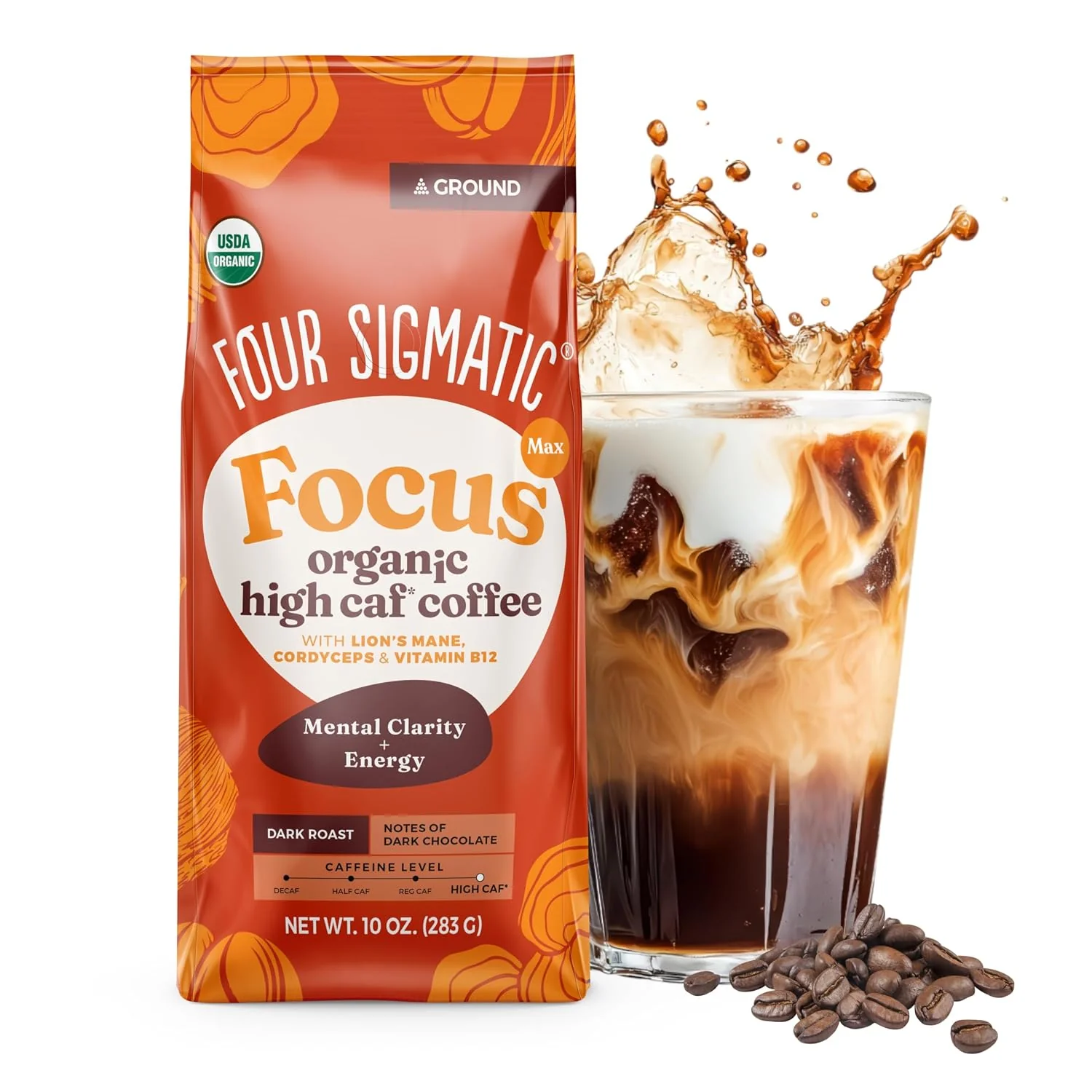 High-End Four Sigmatic Focus Max High Caffeine Cordyceps Coffee Organic Dark Roast High Caffeine Ground Coffee with Cordyceps Lion’s Mane and B12 Energy Booster Without the Jitters 10oz Bag Carefully Designed