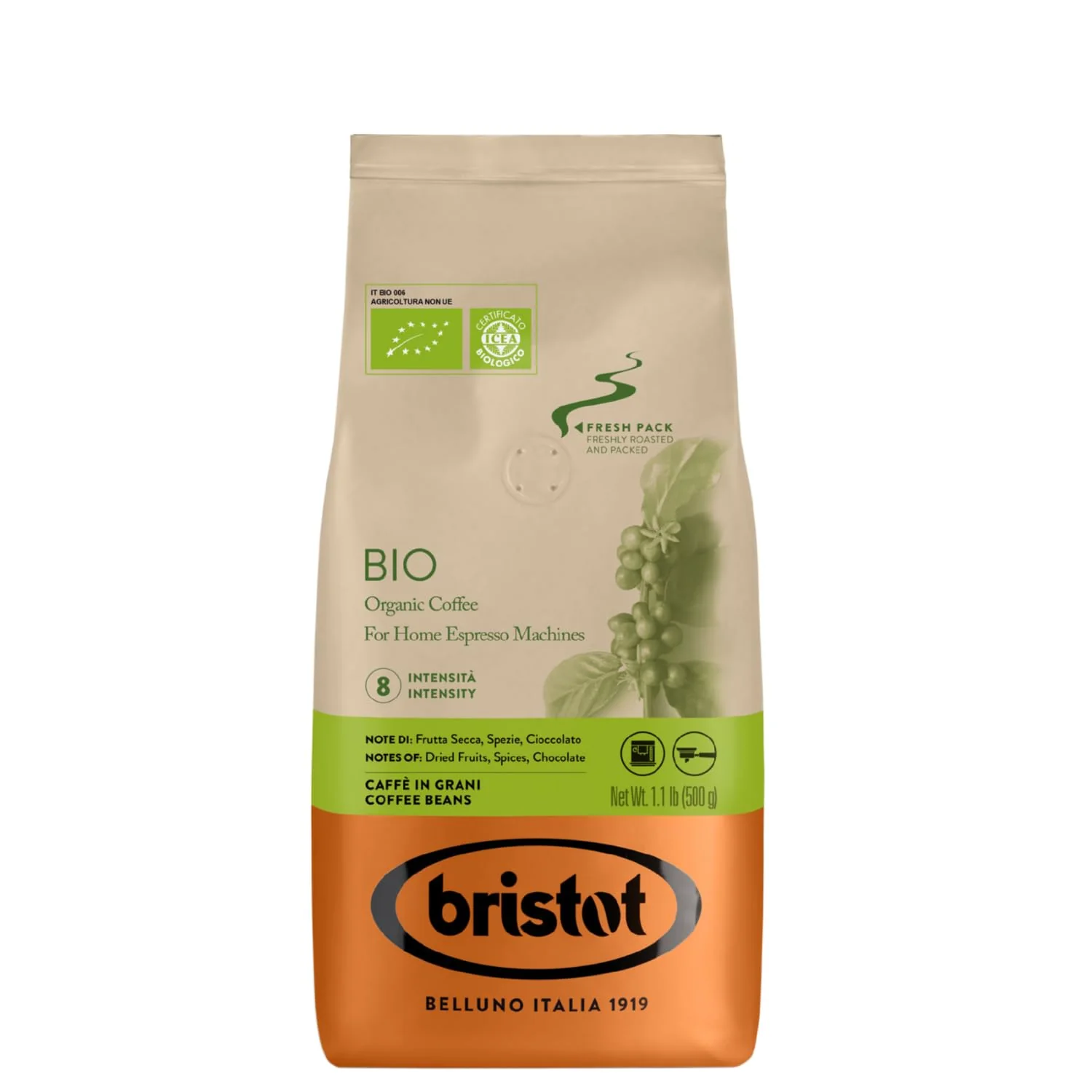 Innovative Bristot Bio Organic Italian Espresso Beans Italian Whole Beans Medium Roast 1.1lb 500g Smooth
