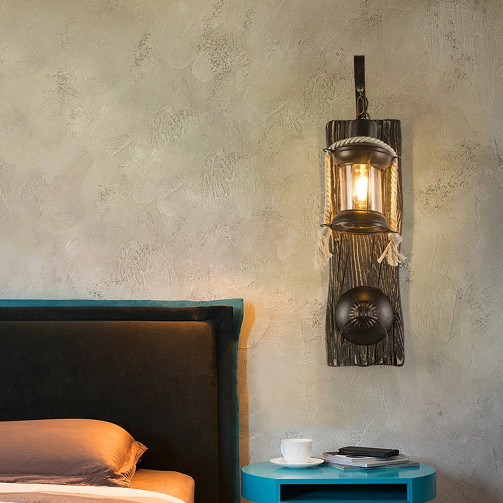 World-Class Alessio Wall Lamp Retro Lantern Ring Black Wooden Bedroom Secure