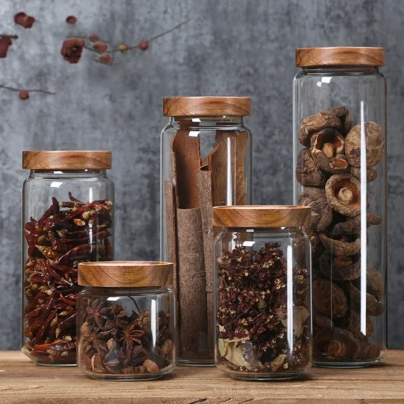 Fine Crafted Pact Glass Storage Jar – Airtight Canister with Wooden Lid for Coffee Ce Dry Food 6 Sizes High-Quality