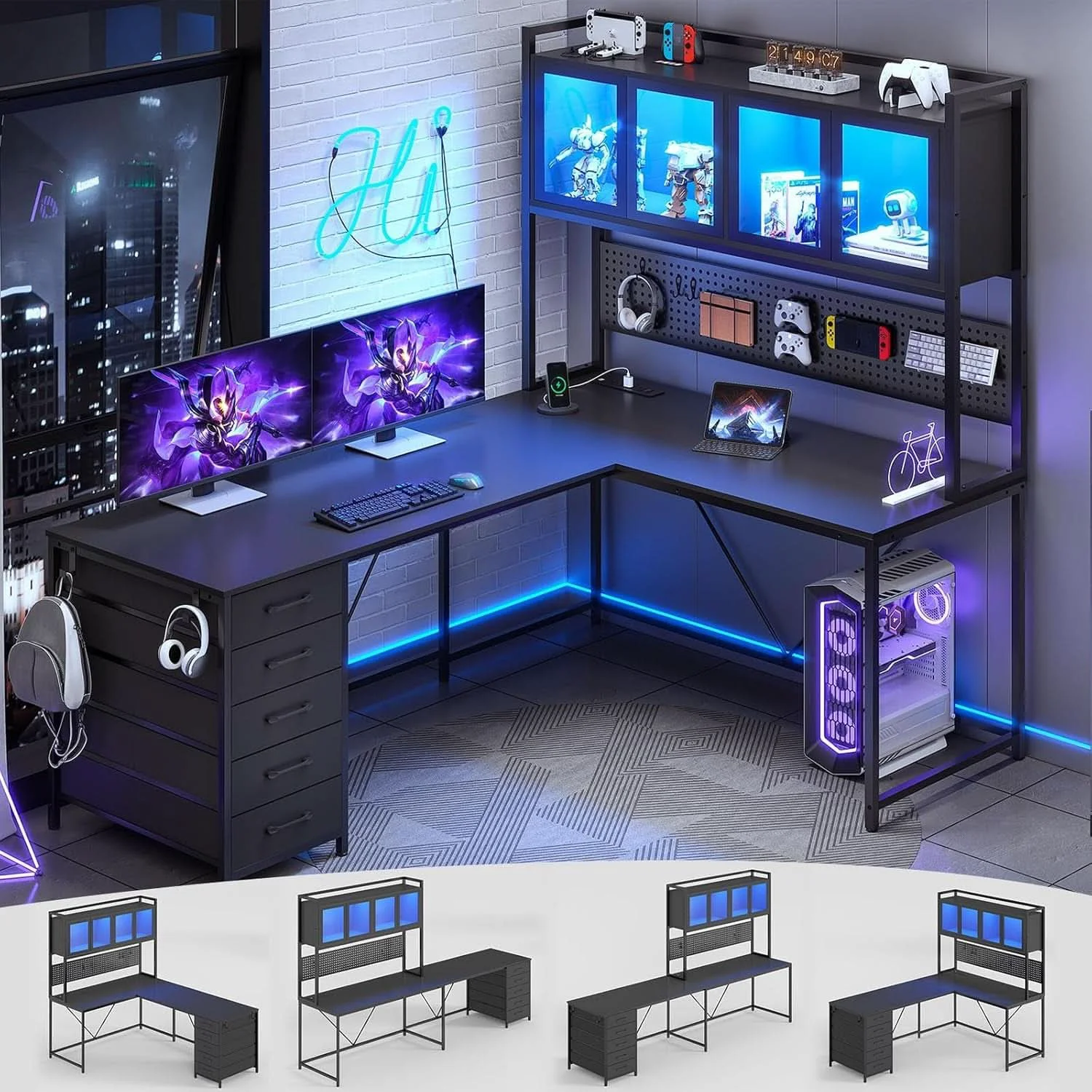 Verified L Shaped Gaming Desk with Storage Drawers and Lights Original