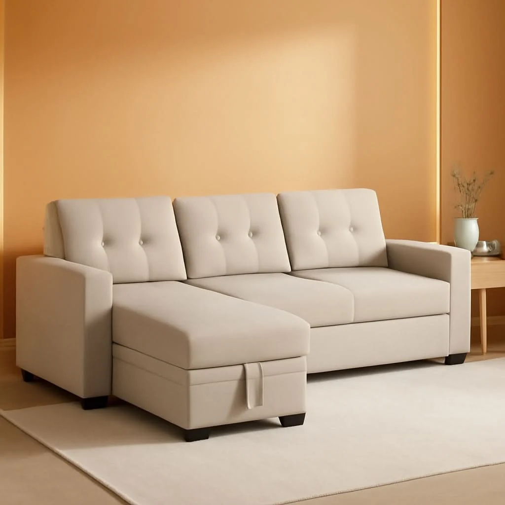 Fine Crafted Beige L Shaped Convertible Sleeper Sectional Couch Comfortable