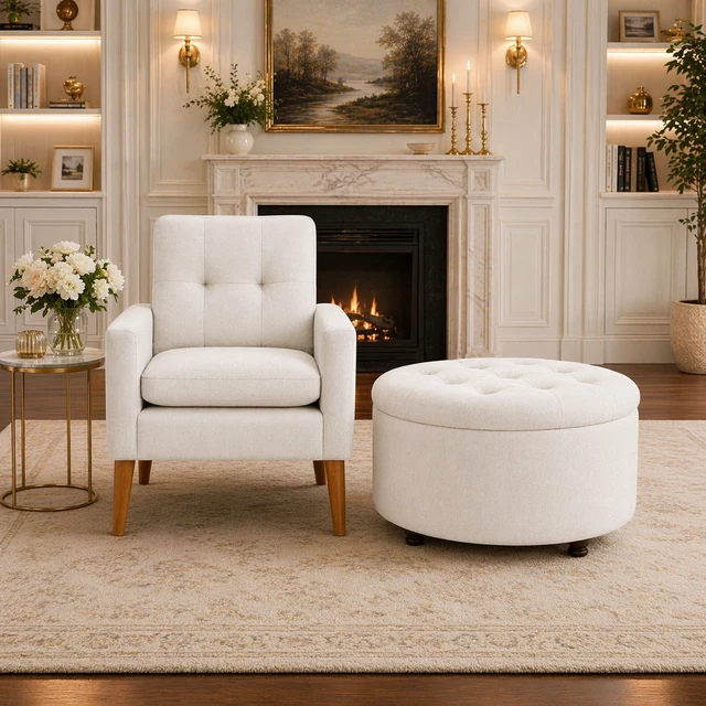 Authentic White Upholstered Accent Chair with Round Storage Ottoman Set for Livi Enhanced