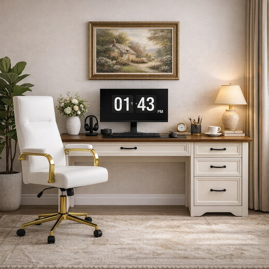 Elite 47 Inch Brown White Computer Desk and Office Chair Set with Storage Dr Expertly Made