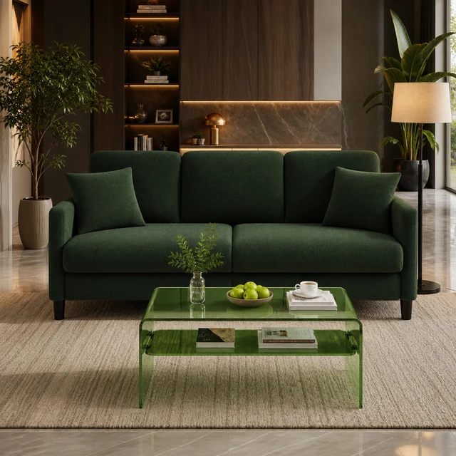 Clean 83 Green Teddy Loveseat Sofa with Acrylic Coffee Table Set 2-Piece L Fashionable
