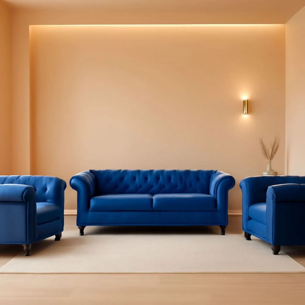 Original Three Piece Blue Velvet Chesterfield Sofa Set With Club Chair And Love Innovative