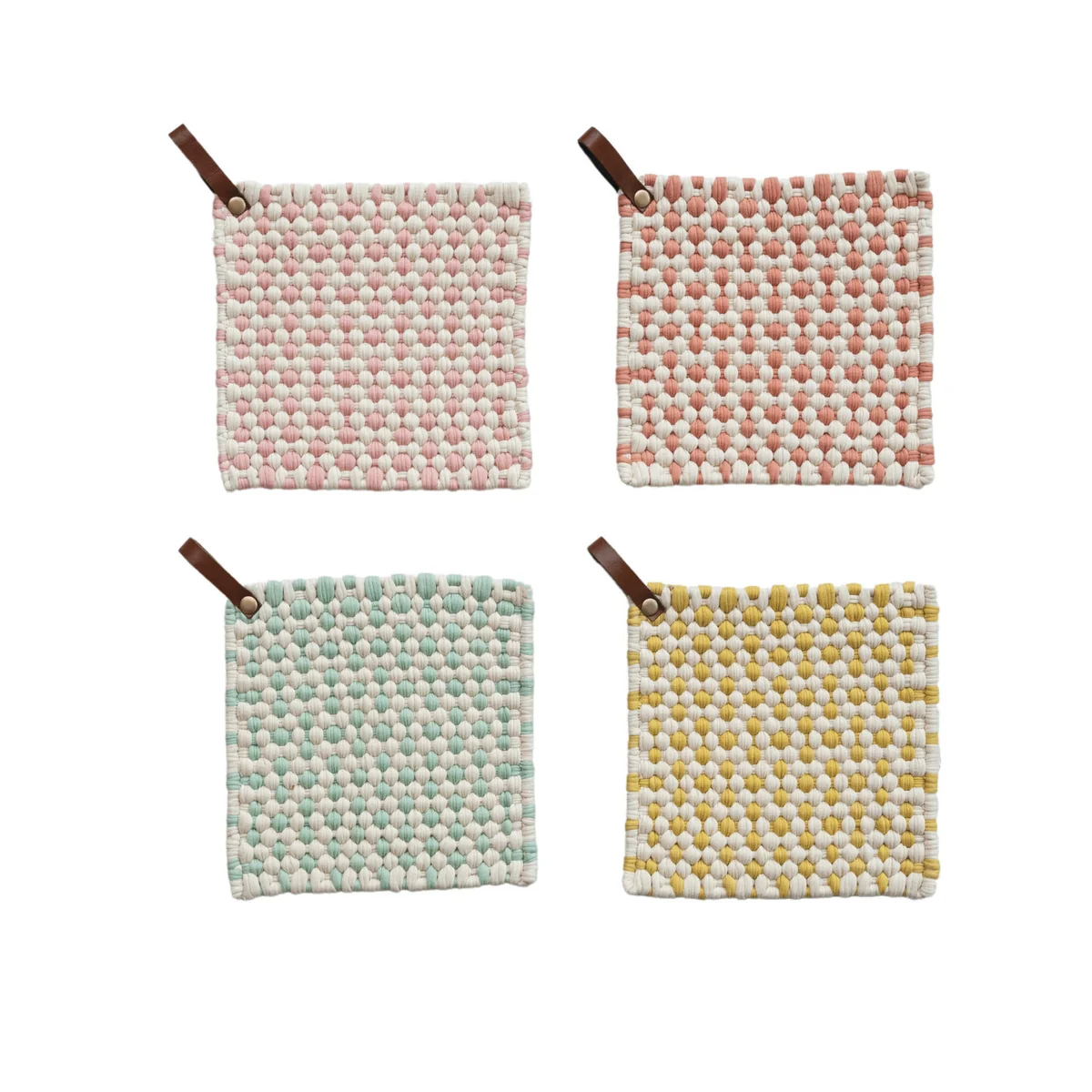 Green Cotton Crocheted Pot Holder w Leather Loop Efficient