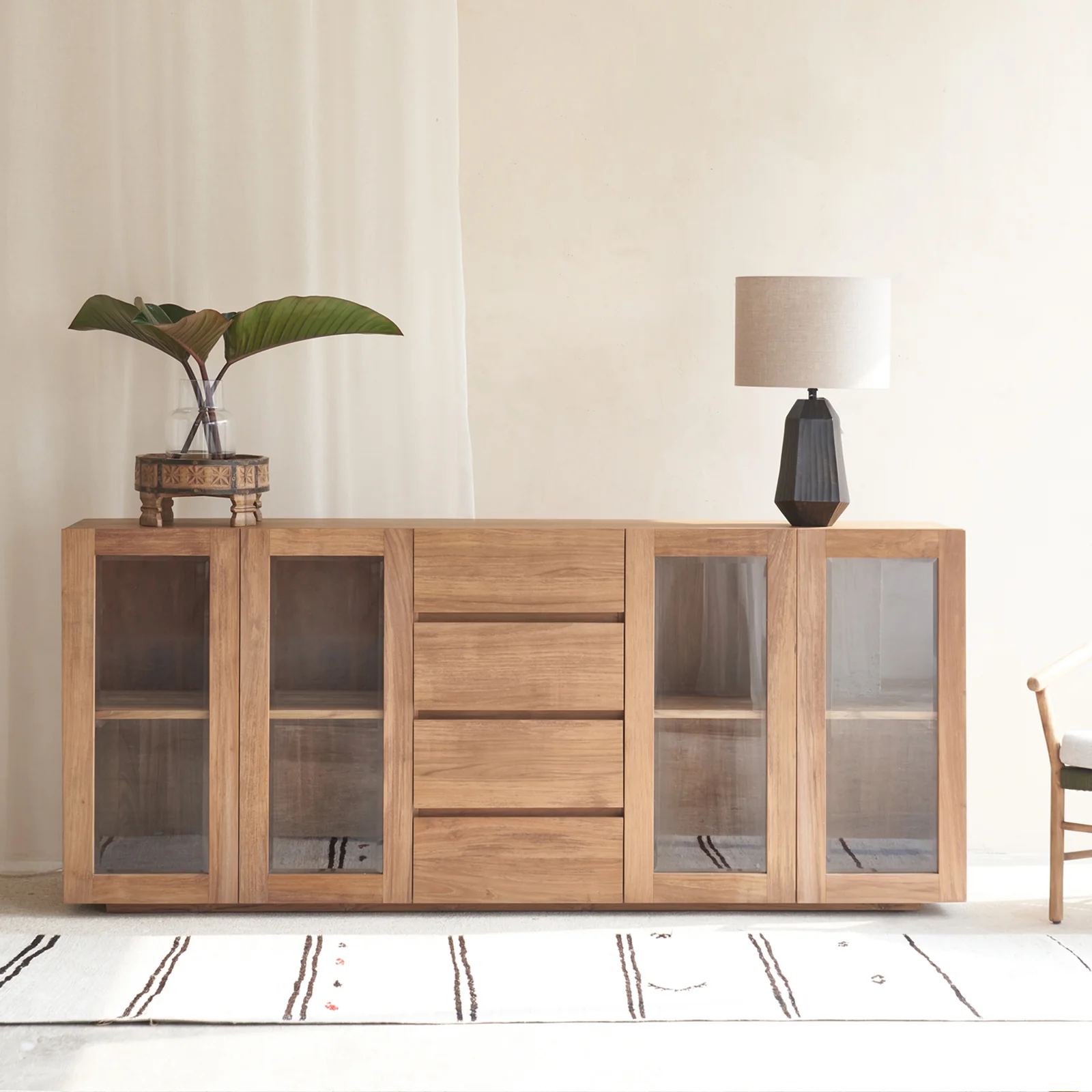 High-Quality Ledge Sideboard Teak with Glass Doors 200cm Minimalist