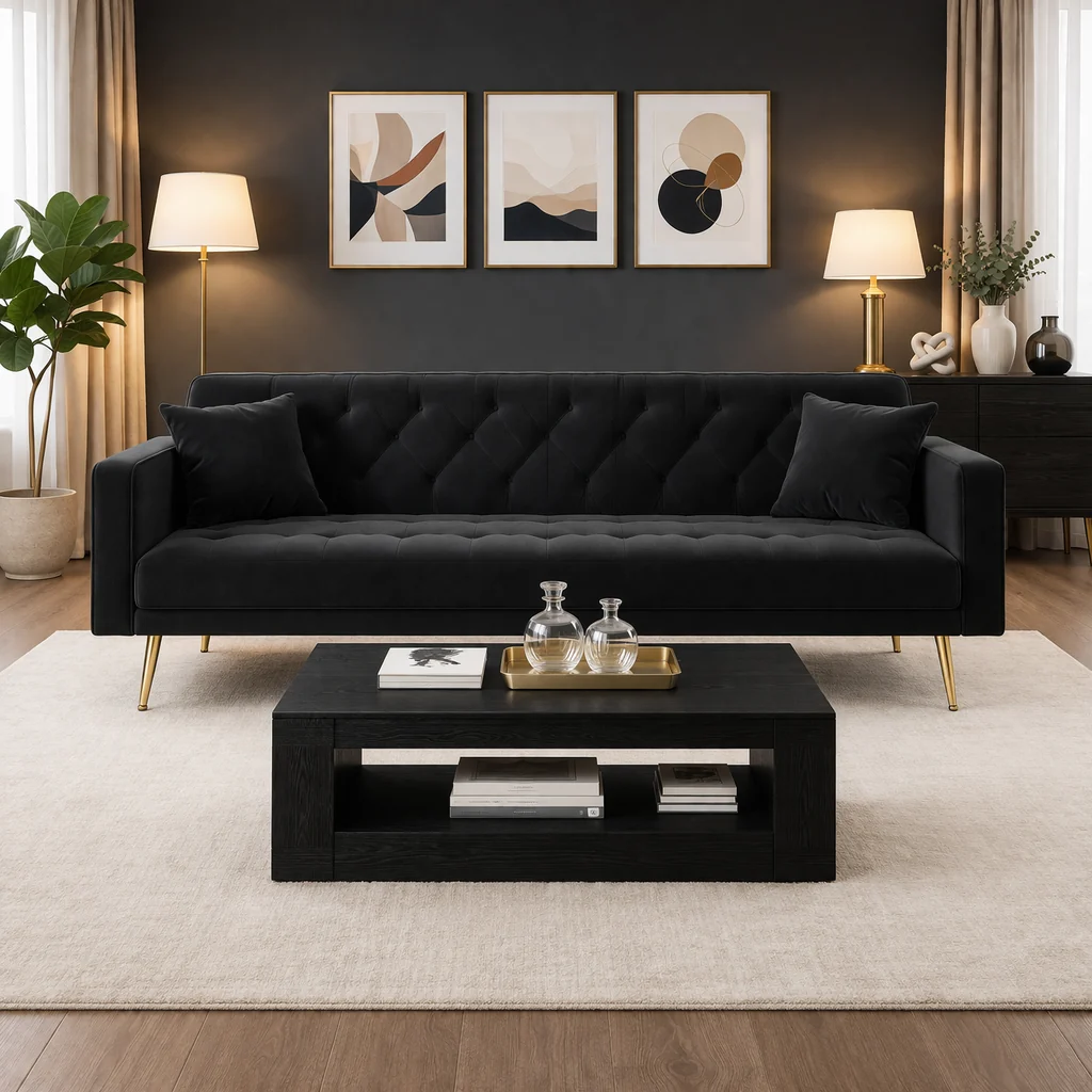 Advanced 71 Black Velvet Futon Sofa Bed with 35 Storage Coffee Table 2-Piece Durable