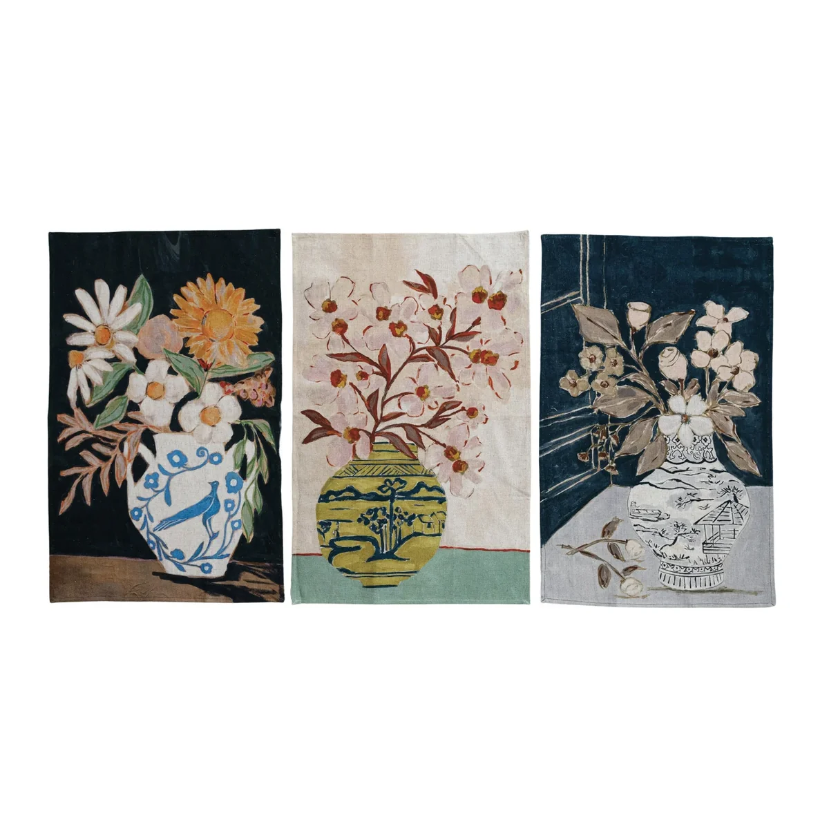 Sustainable Cotton Linen Printed Tea Towel w Flowers in Vase Top-Quality