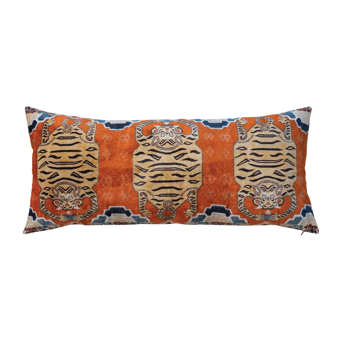 Specialty Cotton Velvet Printed Lumbar Pillow w Tibetan Tigers Pattern Cotton Back Proven